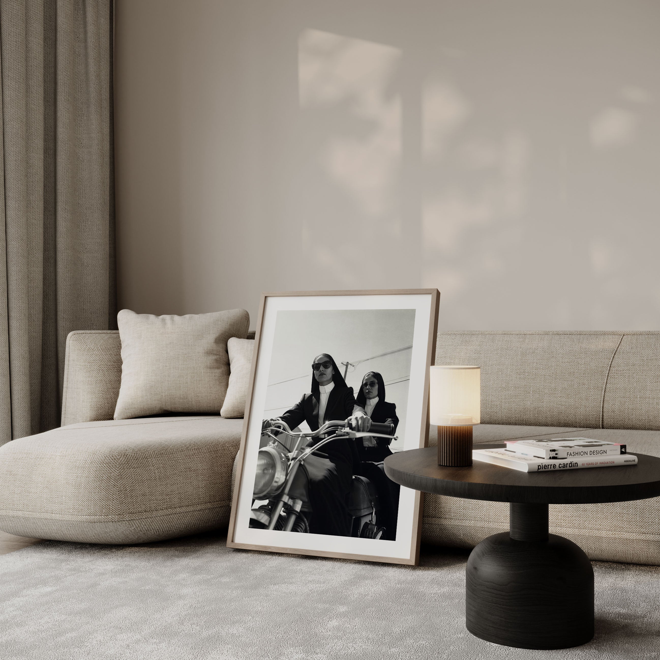 Fine art print of 2 cool nuns riding a motorbike. Black and white wall art/ poster