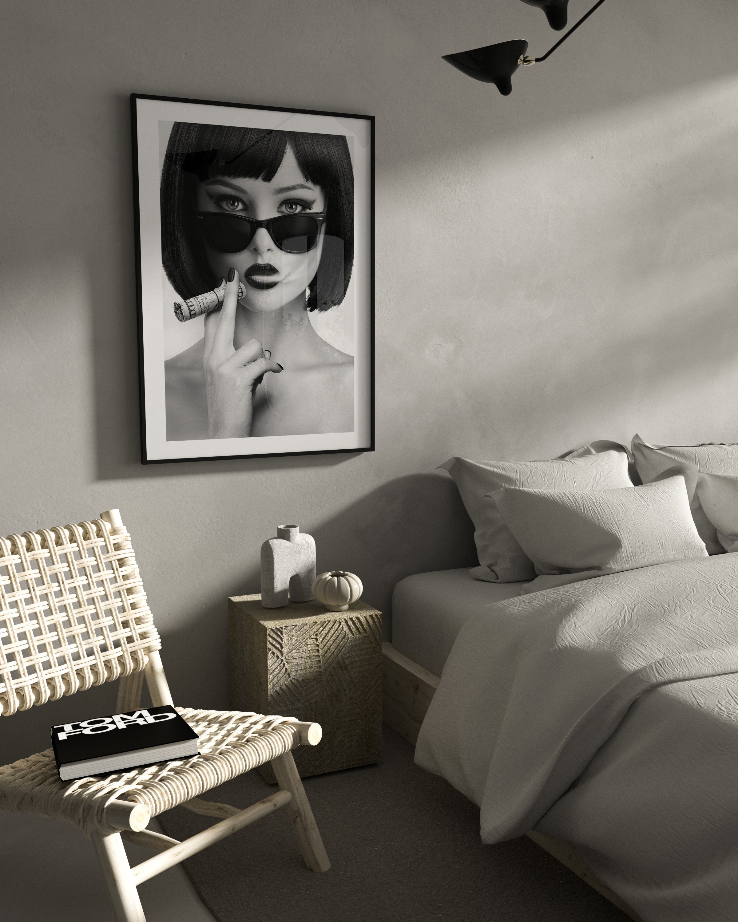 woman smoking a 100 dollar bill black and white poster