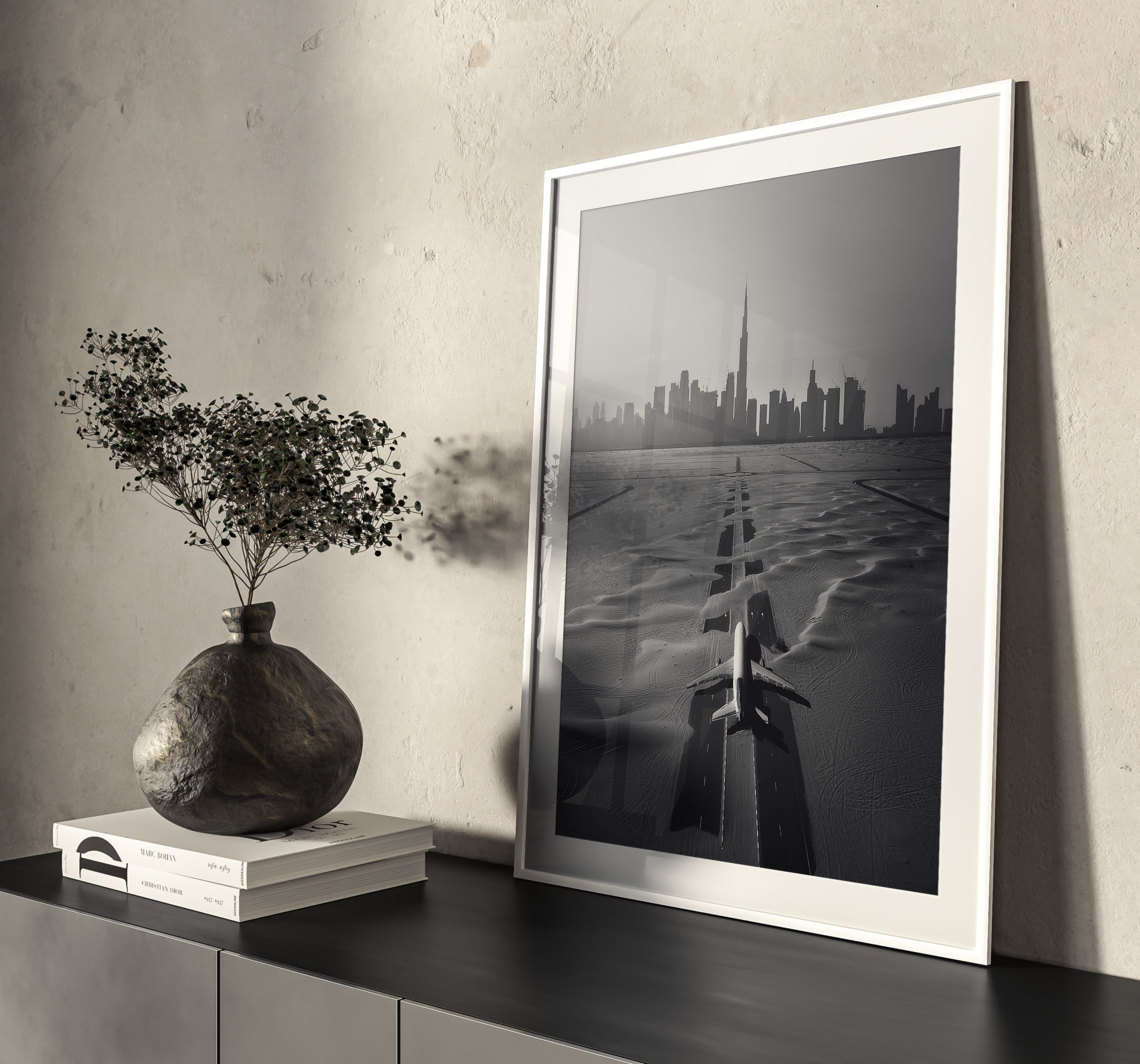 black and white poster of the Dubai skyline