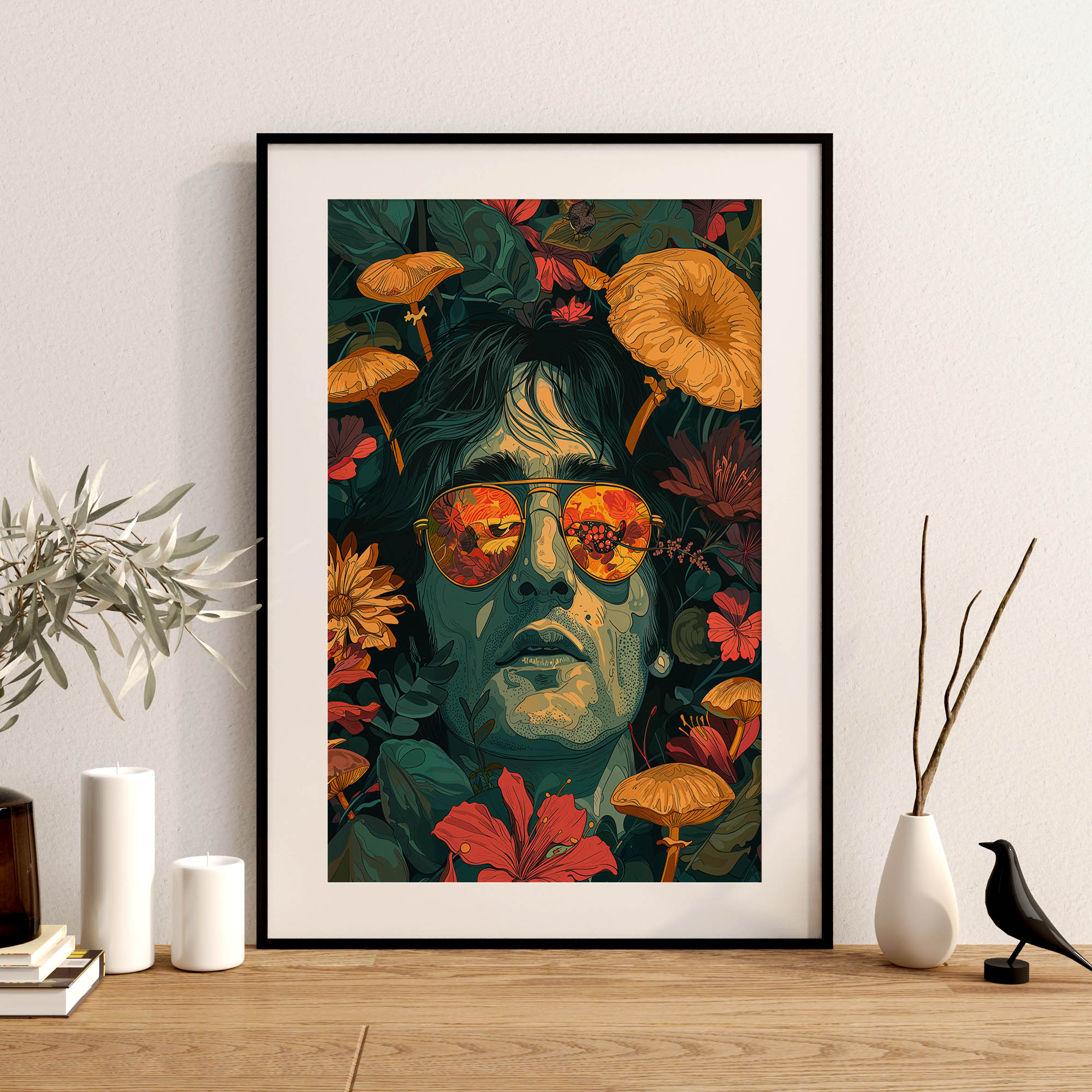 Illustration of john lennon, floral, trippy, wall art, poster, wall decor, print