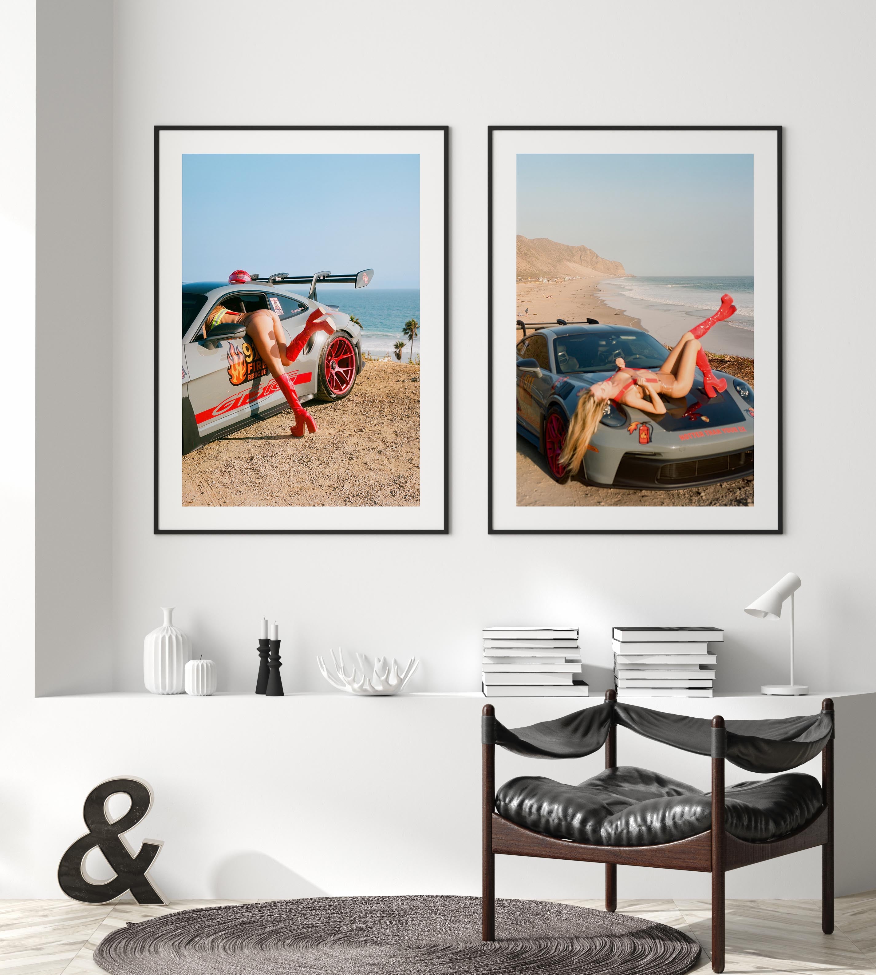 Porsche GT3 RS fire-rescue with red boots by the ocean – bold fine art wall print by Deston Isas for modern interiors.