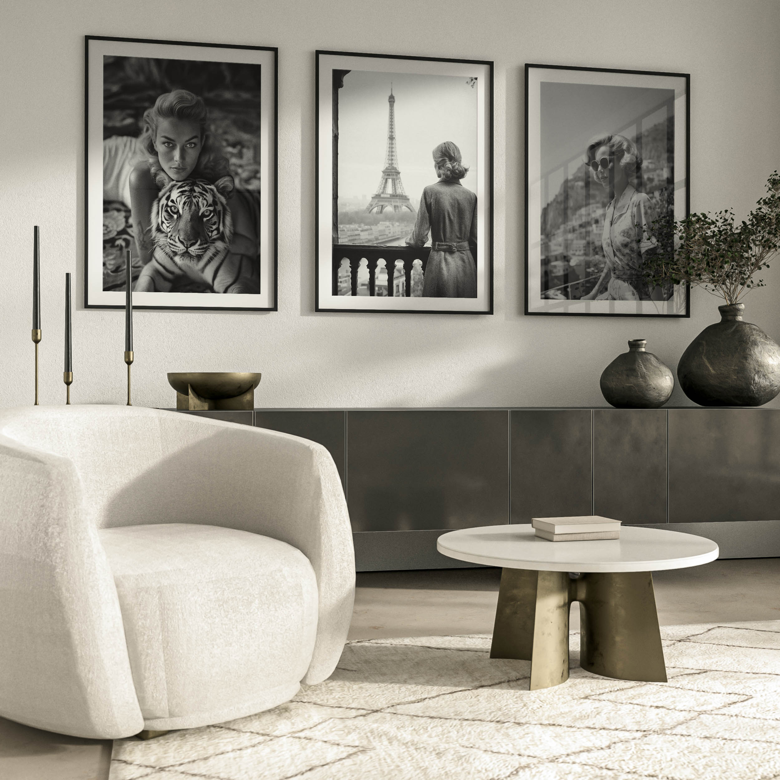 black and white poster of a sixties photograph of a woman and her tiger