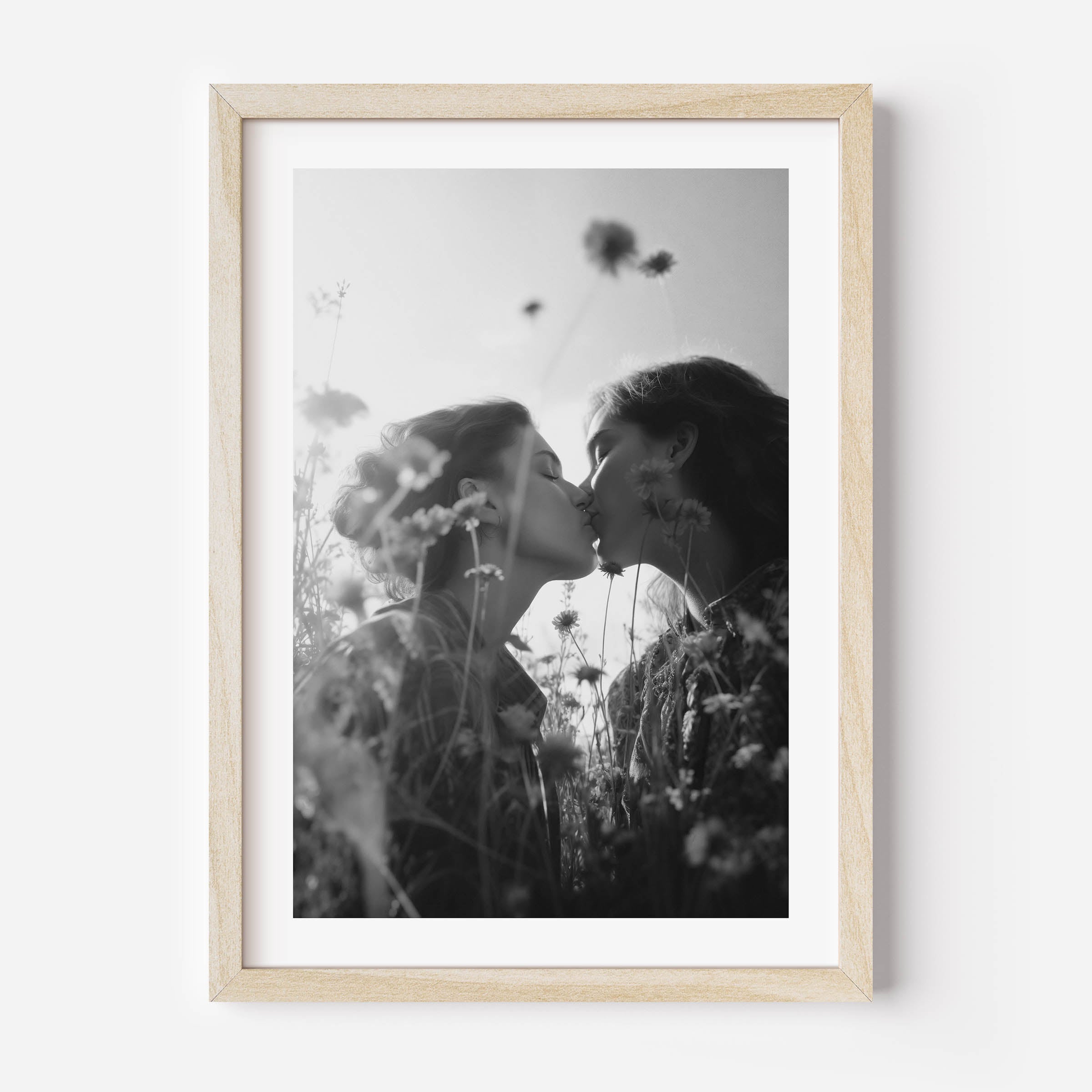black and white poster of 2 woman kissing in a field of flowers, vintage, wall art, prints, wall decor, fine art