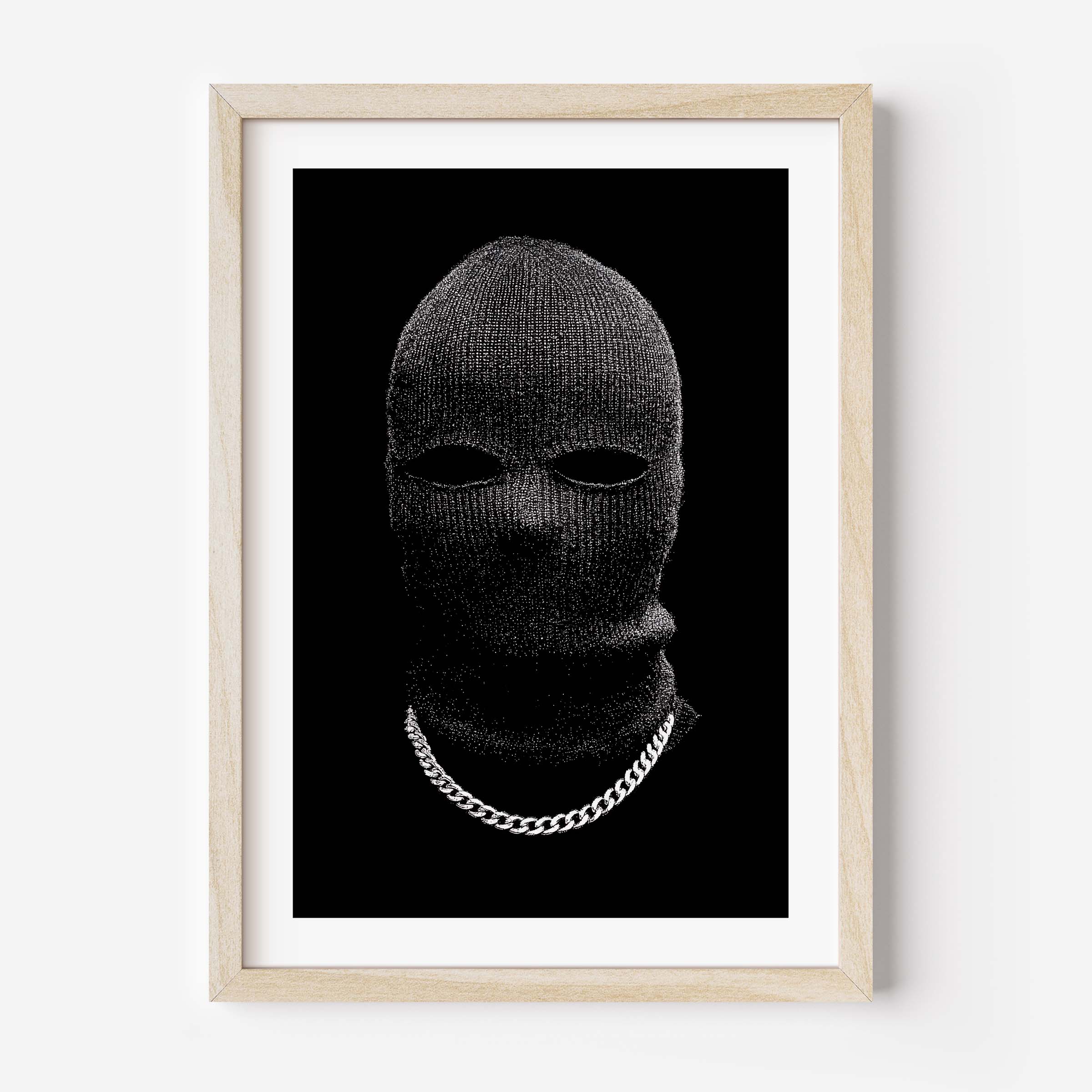 Black-and-white portrait of a person in a knit balaclava with eye cutouts and a silver chain on a solid black background, minimalist fine art print.