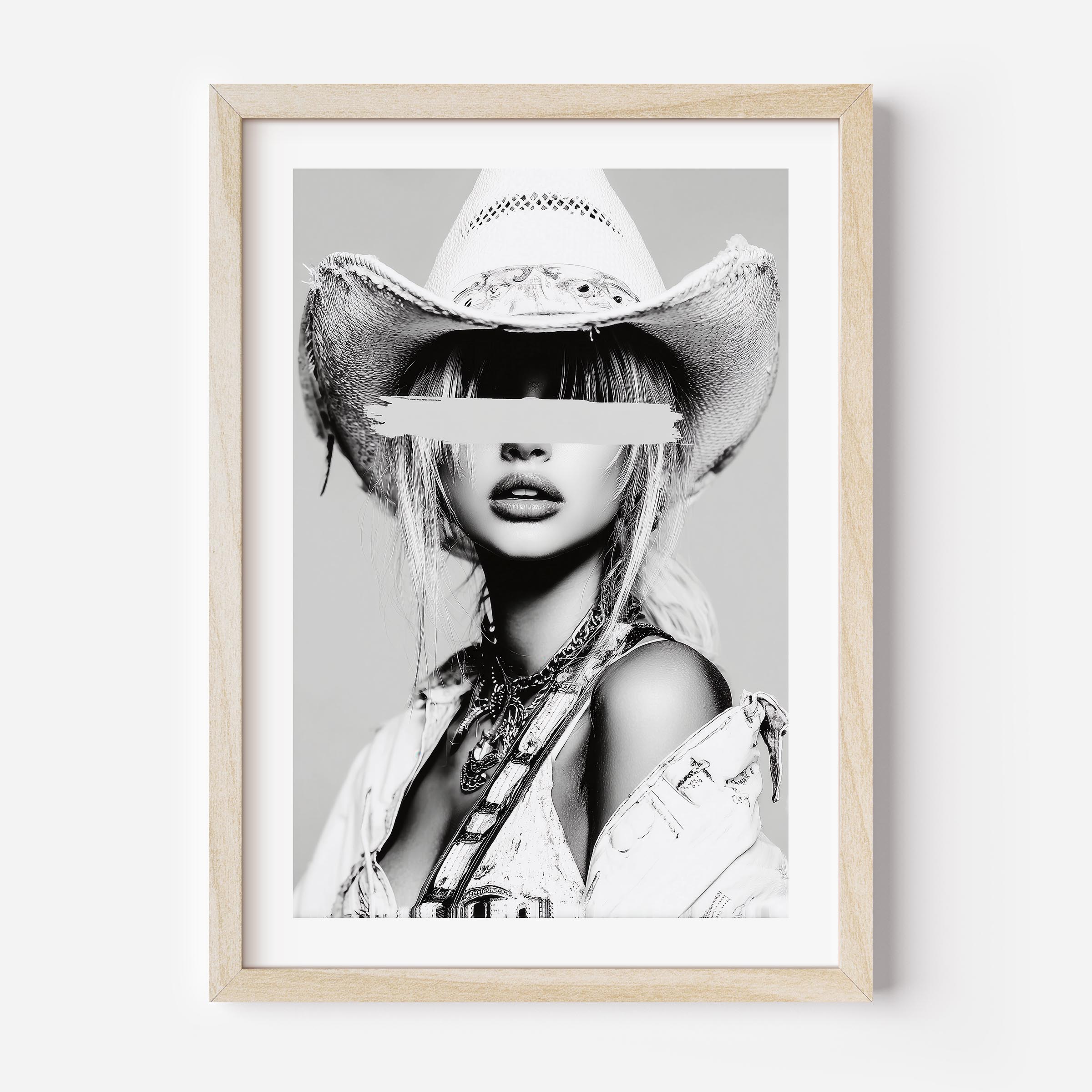 Add edge to your space with painted secrets, a luxury black-and-white cowgirl portrait blending western grit with fashion-forward allure.