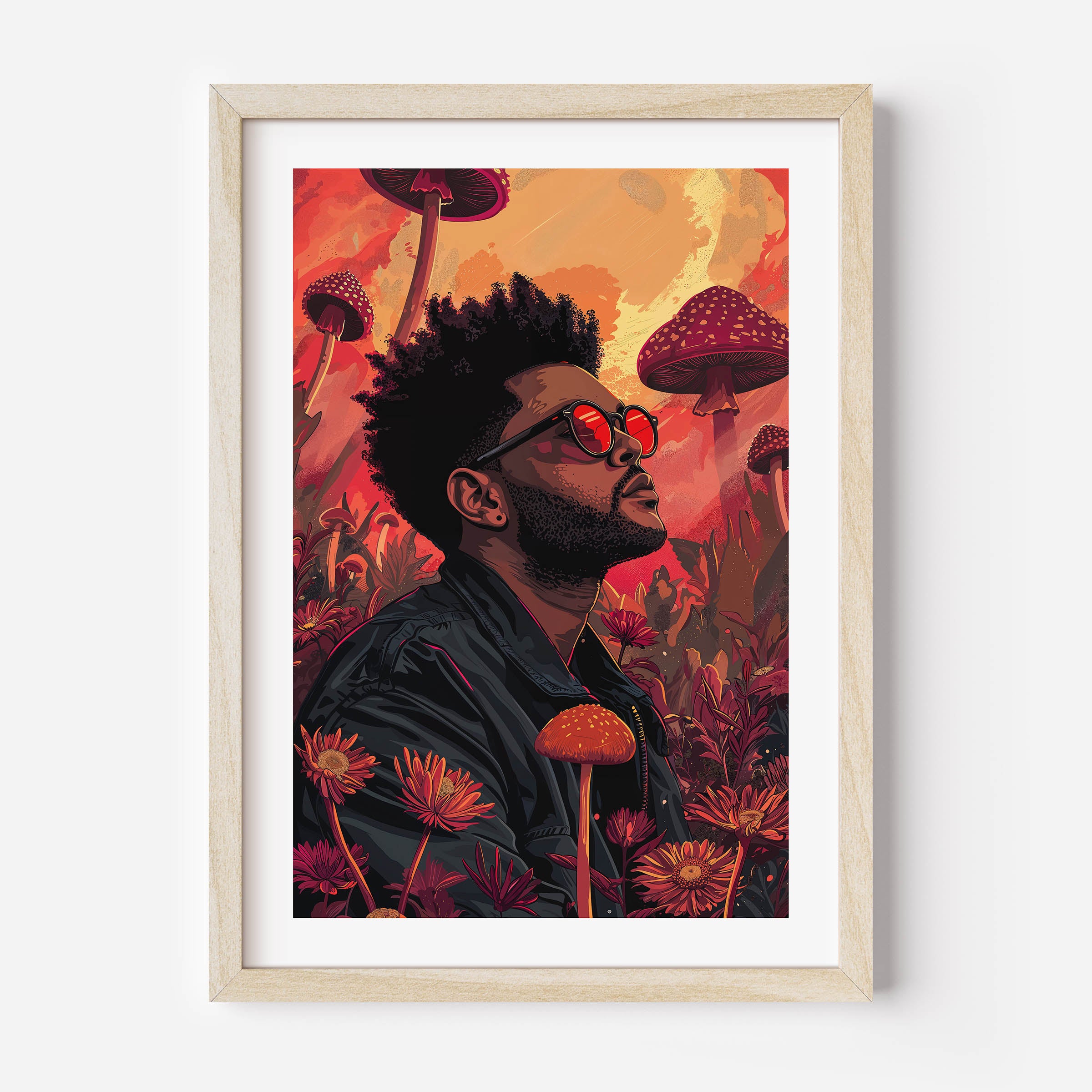 illustration poster of the singer the weeknd, colourful wall art, trippy, wall decor, print