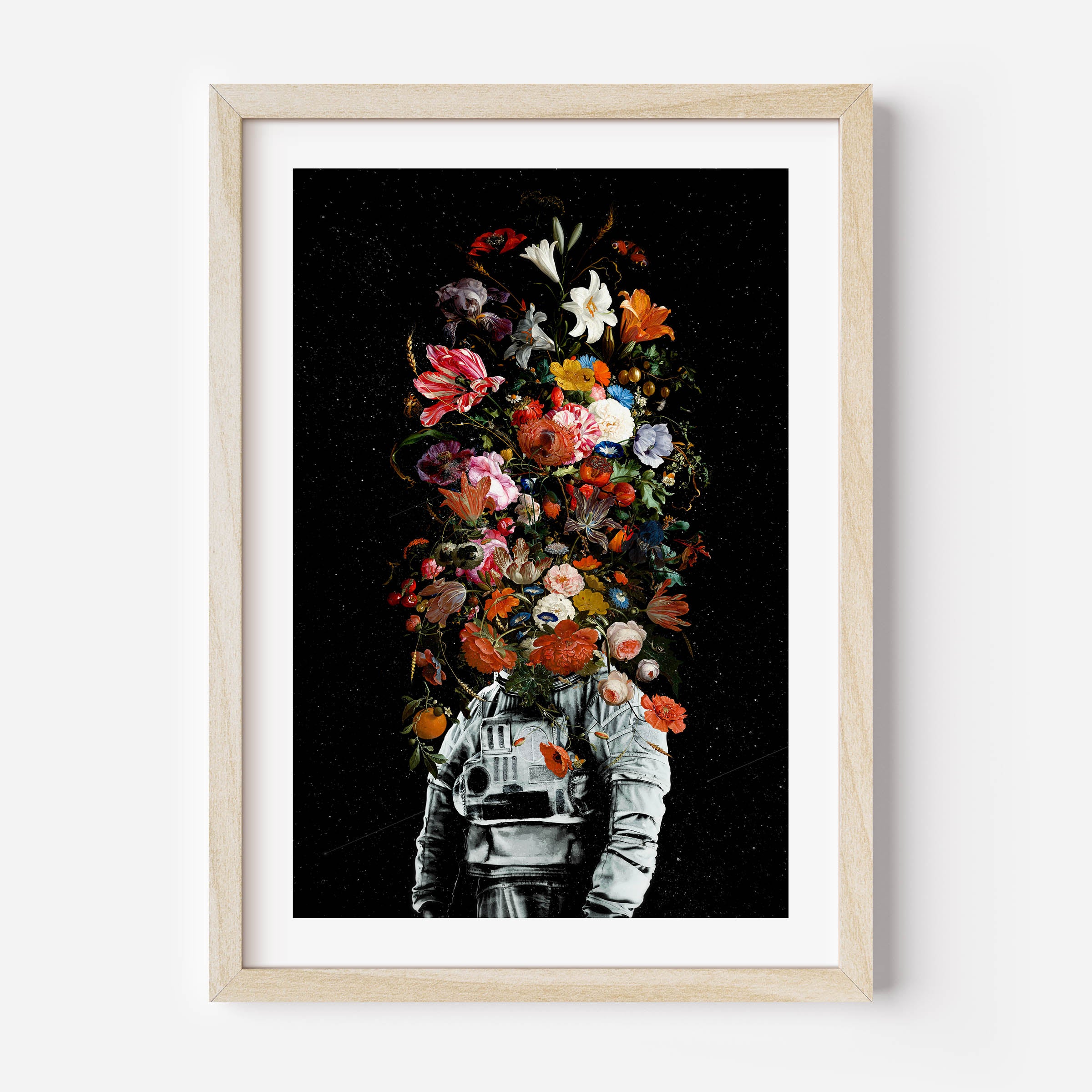poster of an astronaut with flowers on hes head