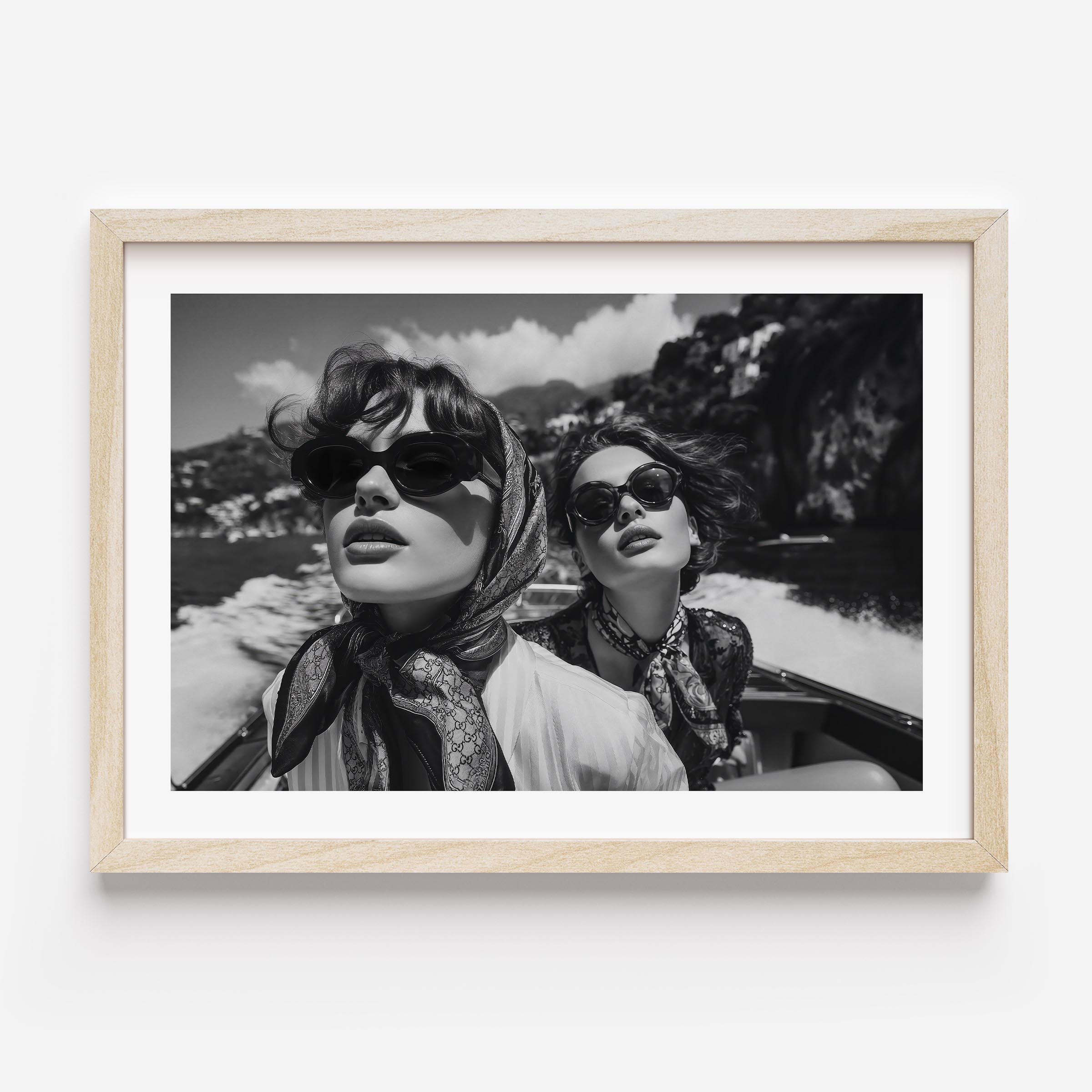 A captivating black-and-white fine art print capturing timeless elegance and freedom on the Amalfi Coast. Perfect for adding vintage luxury to any interior.
