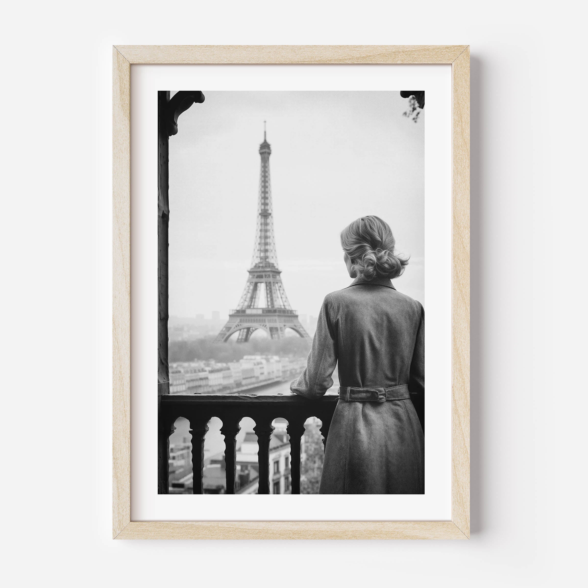 black and white poster of a woman standing on a balcony in Paris, France. Fine art/ wall art/wall decor.