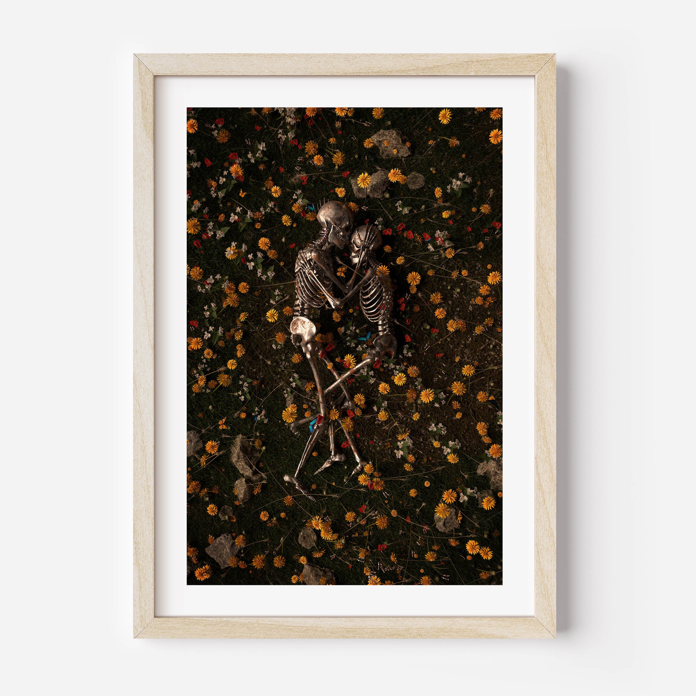 2 skeletons laying in a field of flowers poster wall art