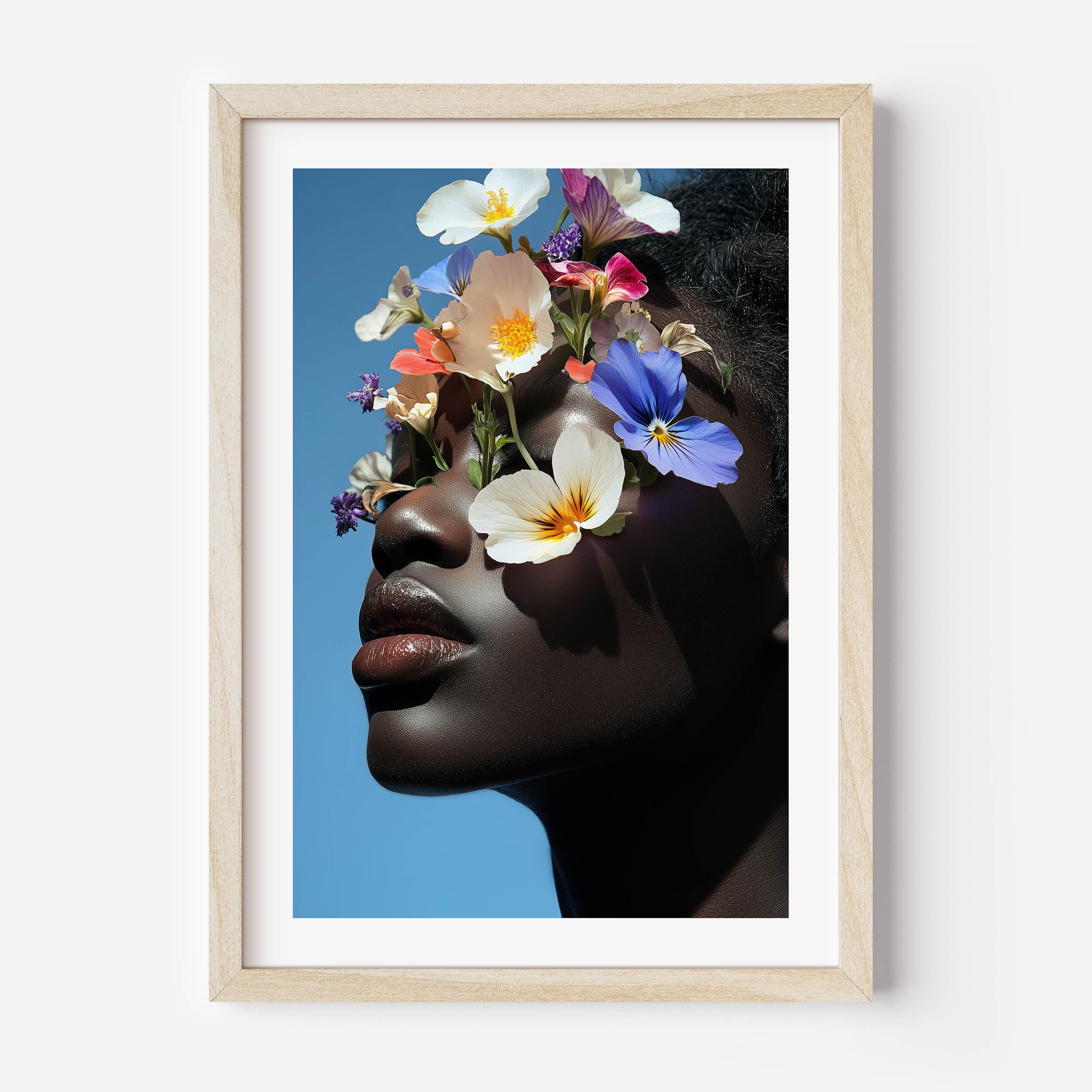 A fine art portrait of a Black woman with her face elegantly concealed by lush, blooming flowers. The artwork features soft, ethereal tones and intricate details, creating a sense of mystery and beauty. Perfect for modern and sophisticated home décor.