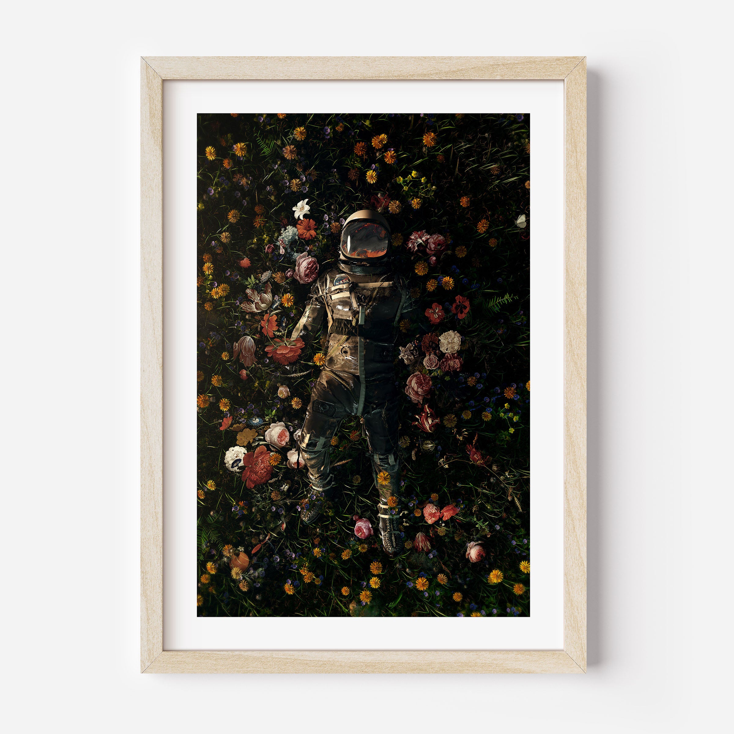 poster of an astronaut in a field of flowers