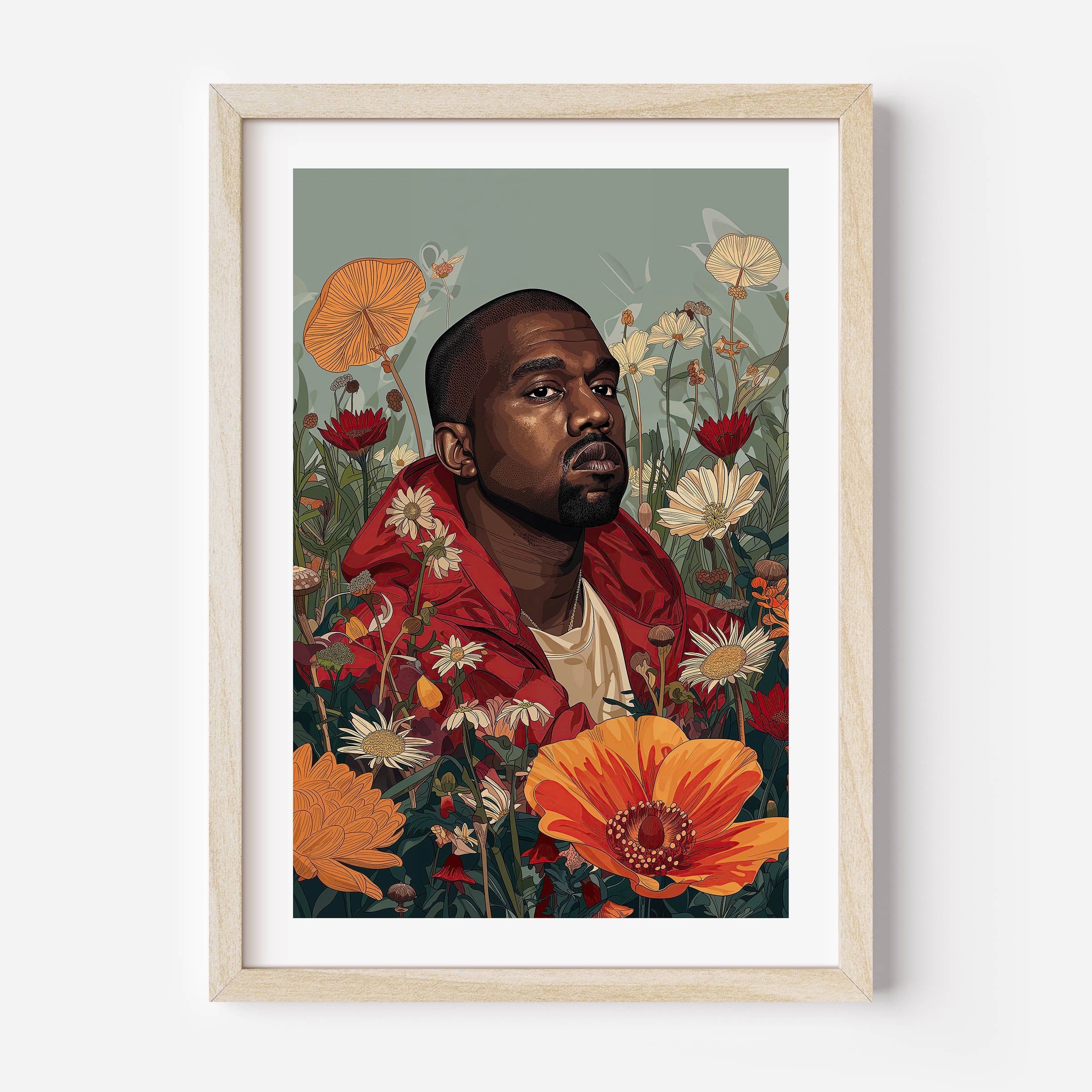 Floral illustration of Kanye West, poster, wall art, wall decor