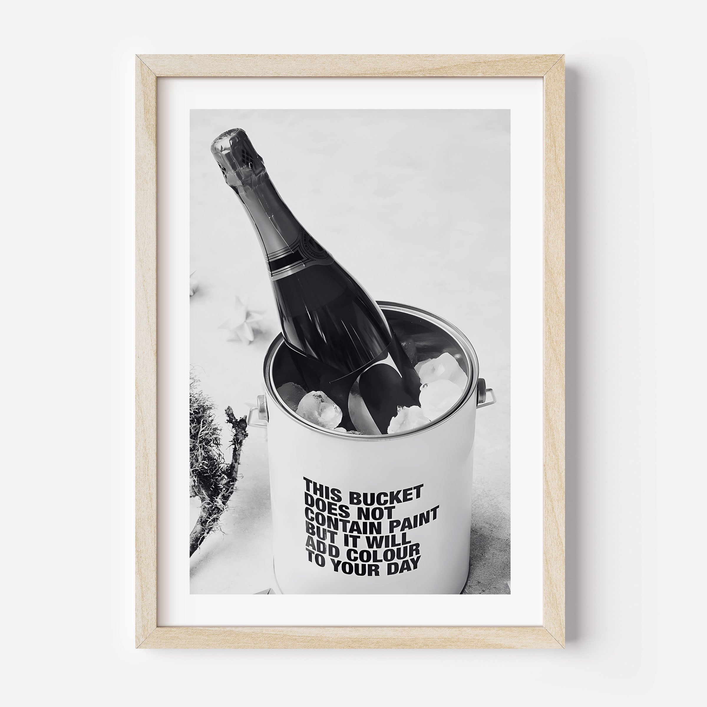 black and white poster of a champagne bottle with a funny quote on it
