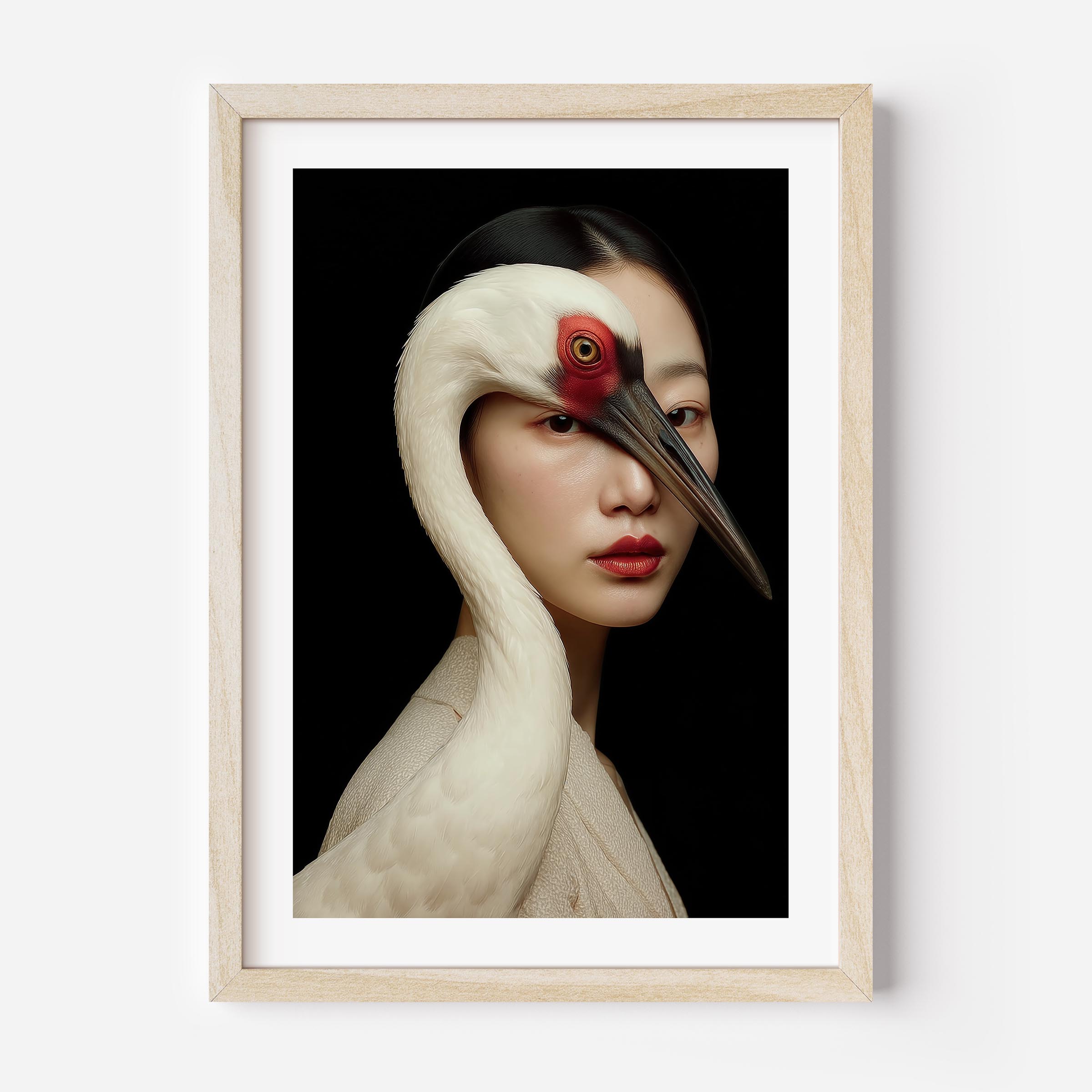 Framed artwork of a person with a crane's head on a black background