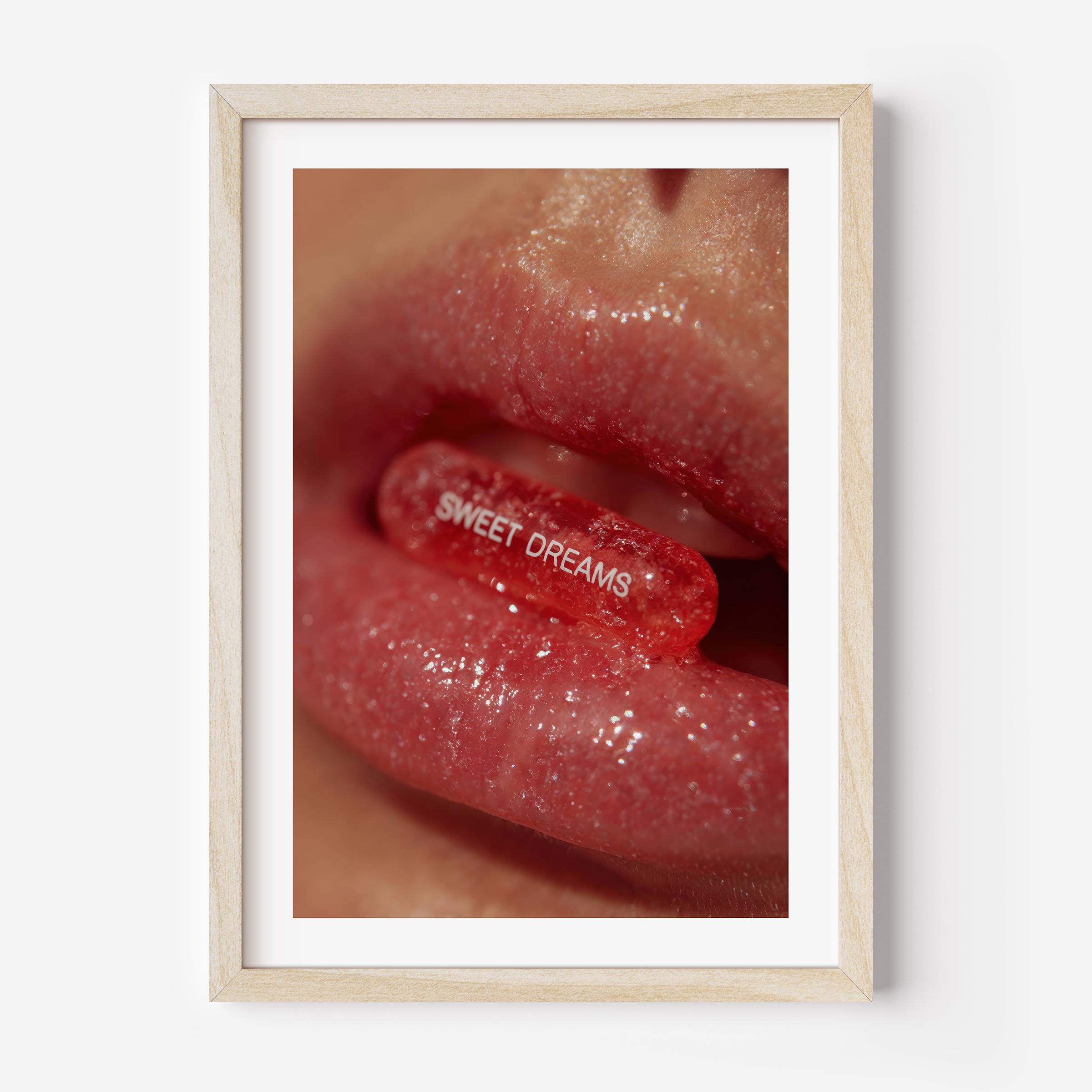 A visual seduction in one bold frame. Sweet Dreams blends sensuality and surrealism—glossed lips holding a candy-like capsule that whispers rebellion and desire. It’s provocative, modern, and impossible to ignore.
Perfect for interiors that flirt with fashion, attitude, and a touch of surreal drama.