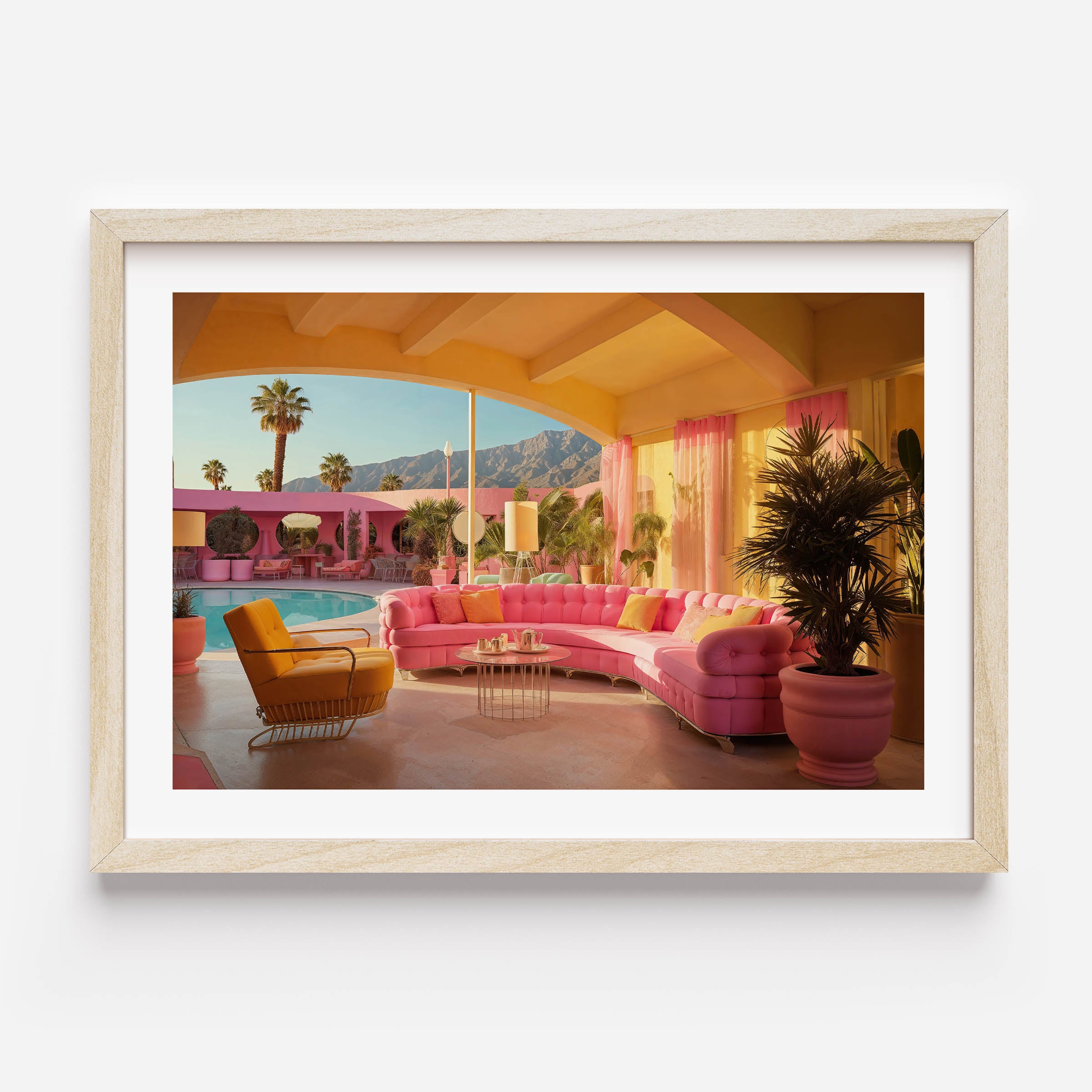 art print of a pink villa in palm springs inspired on the movie "barbie" wall art, posters, home decor, prints