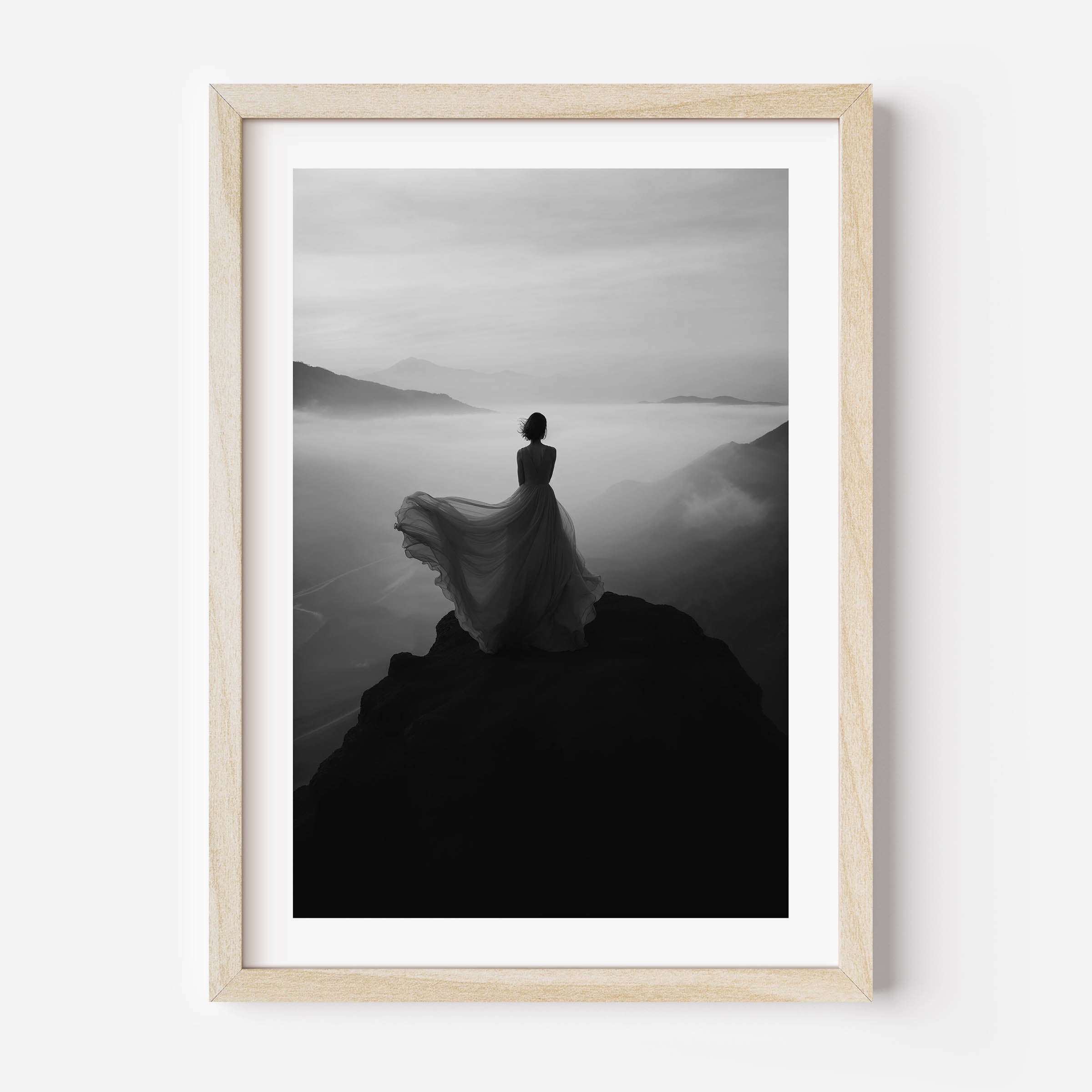 Black and white poster/print of a woman on top of a mountain. Fine Art wall art