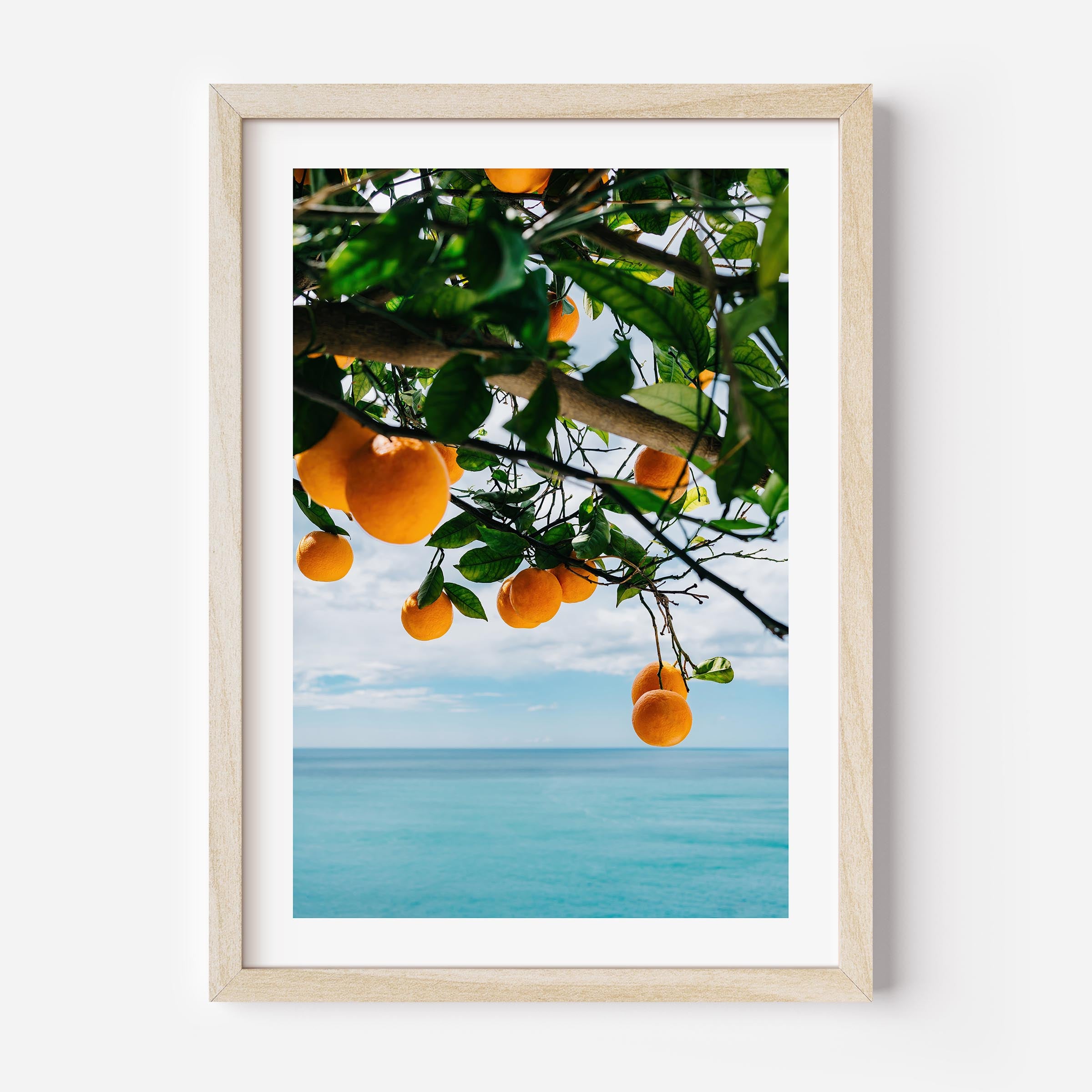 colorful poster of oranges hanging on a tree with a view ot the ocean, Italy, Mediterranean, home decor, print, wall art