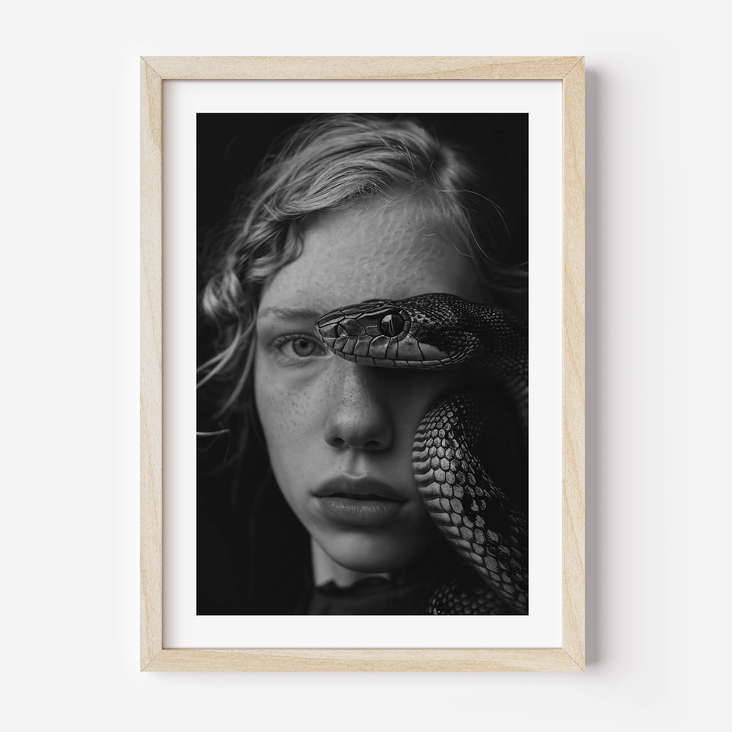black and white fine art print of a young girl with a snake, wall art, home decor, painting, interior design