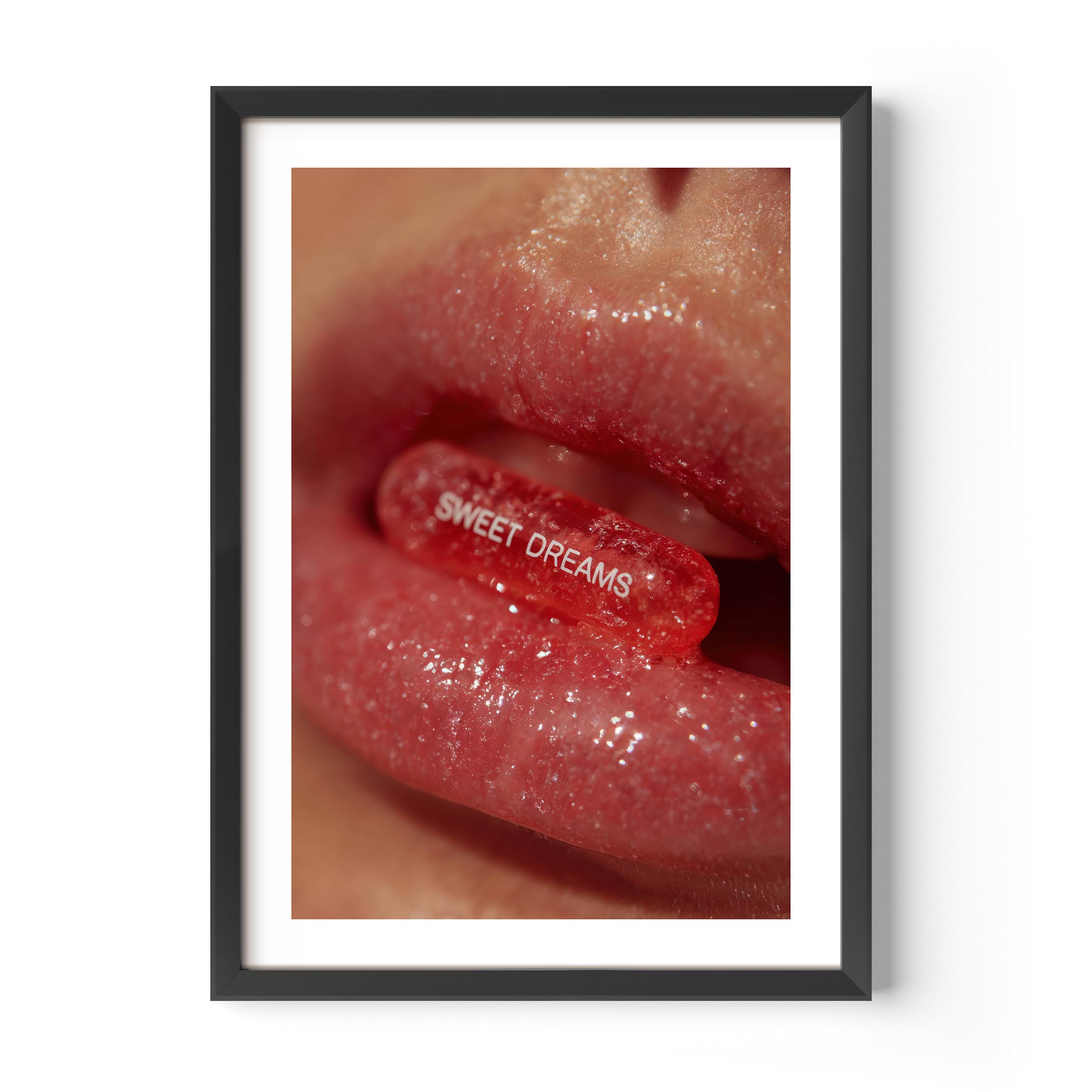 A visual seduction in one bold frame. Sweet Dreams blends sensuality and surrealism—glossed lips holding a candy-like capsule that whispers rebellion and desire. It’s provocative, modern, and impossible to ignore.
Perfect for interiors that flirt with fashion, attitude, and a touch of surreal drama.