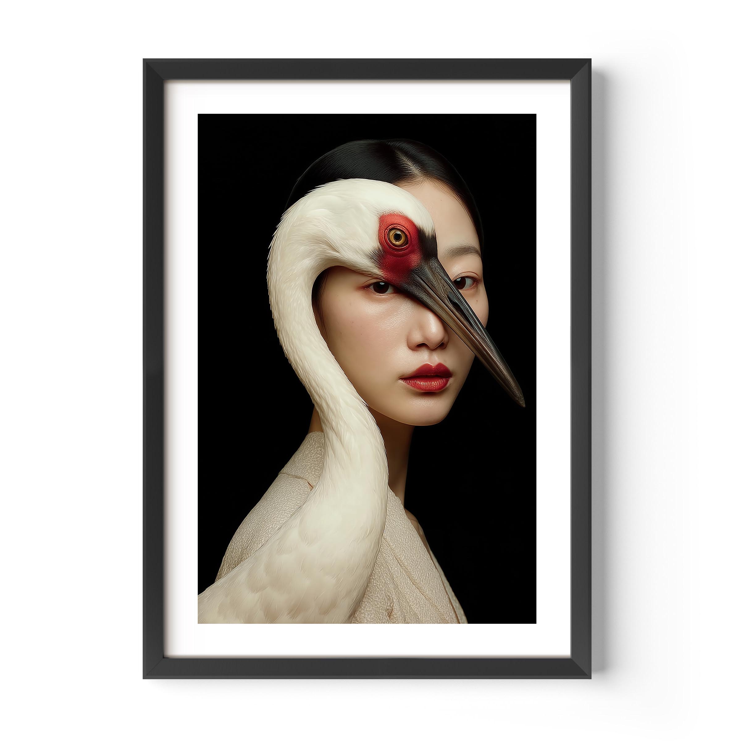 Elegant fine art portrait of a woman and crane, blending surrealism and symbolism. A striking piece for modern interiors and curated gallery walls.
