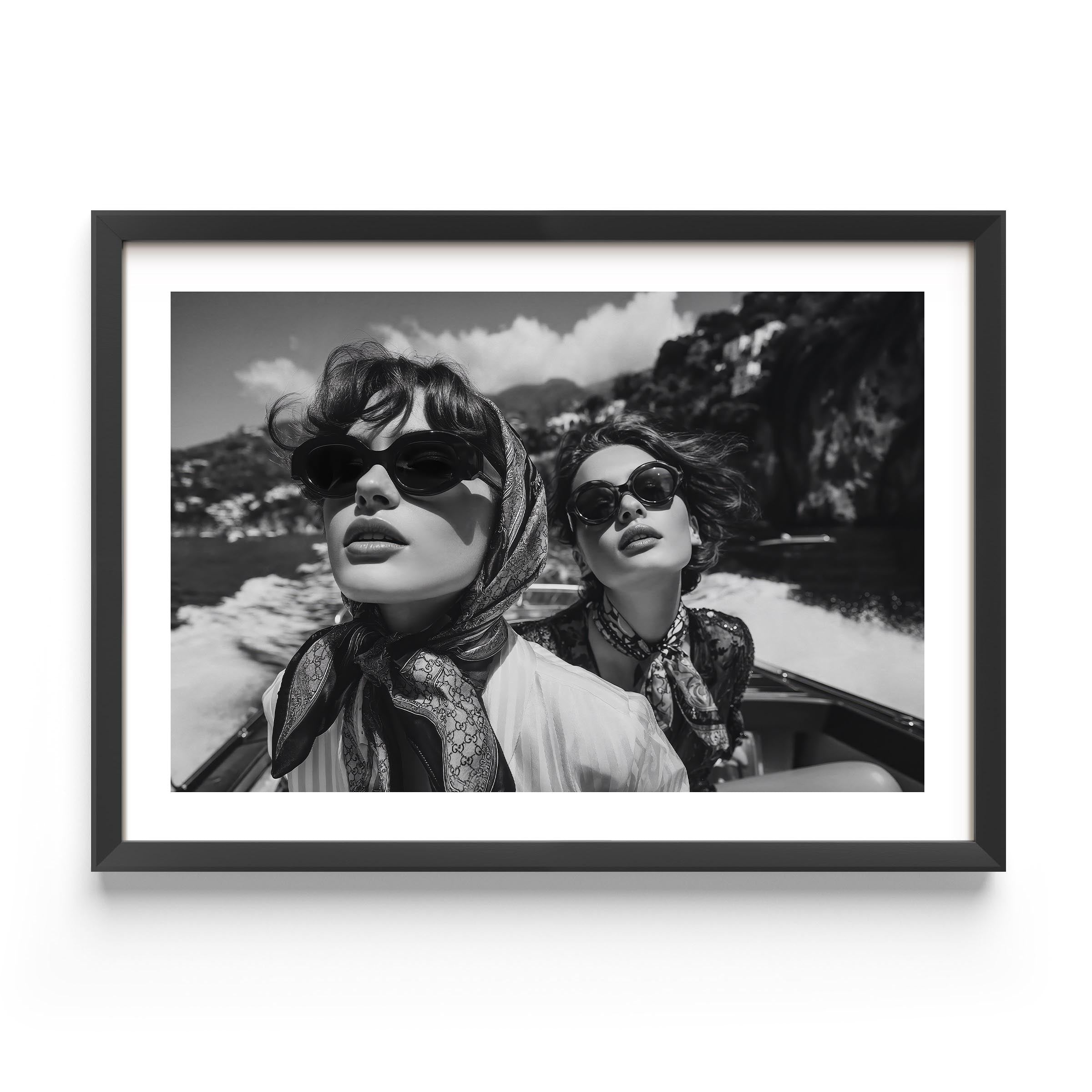 A captivating black-and-white fine art print capturing timeless elegance and freedom on the Amalfi Coast. Perfect for adding vintage luxury to any interior.