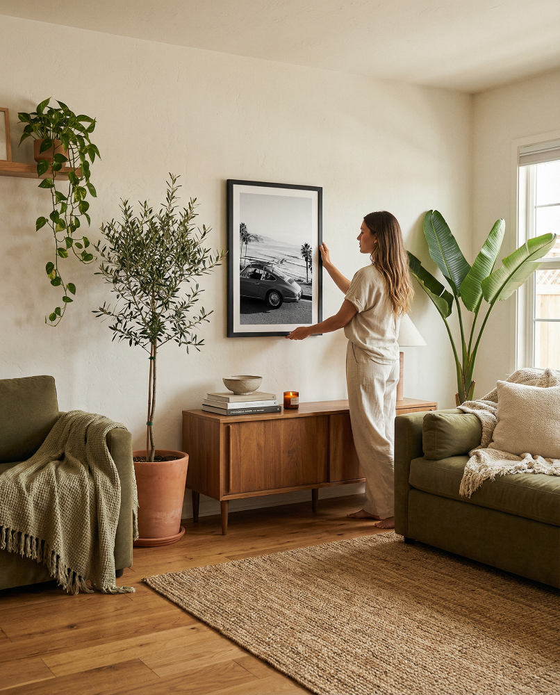 Black and white framed wall art print showing a classic porsche car with surfboards parked by the ocean with palm trees and coastline in the background.