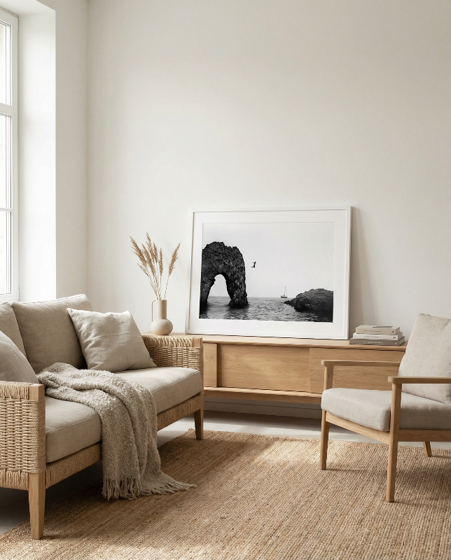 Black and white framed wall art print showing a person jumping into the ocean near a large rock arch with a sailboat in the distance.