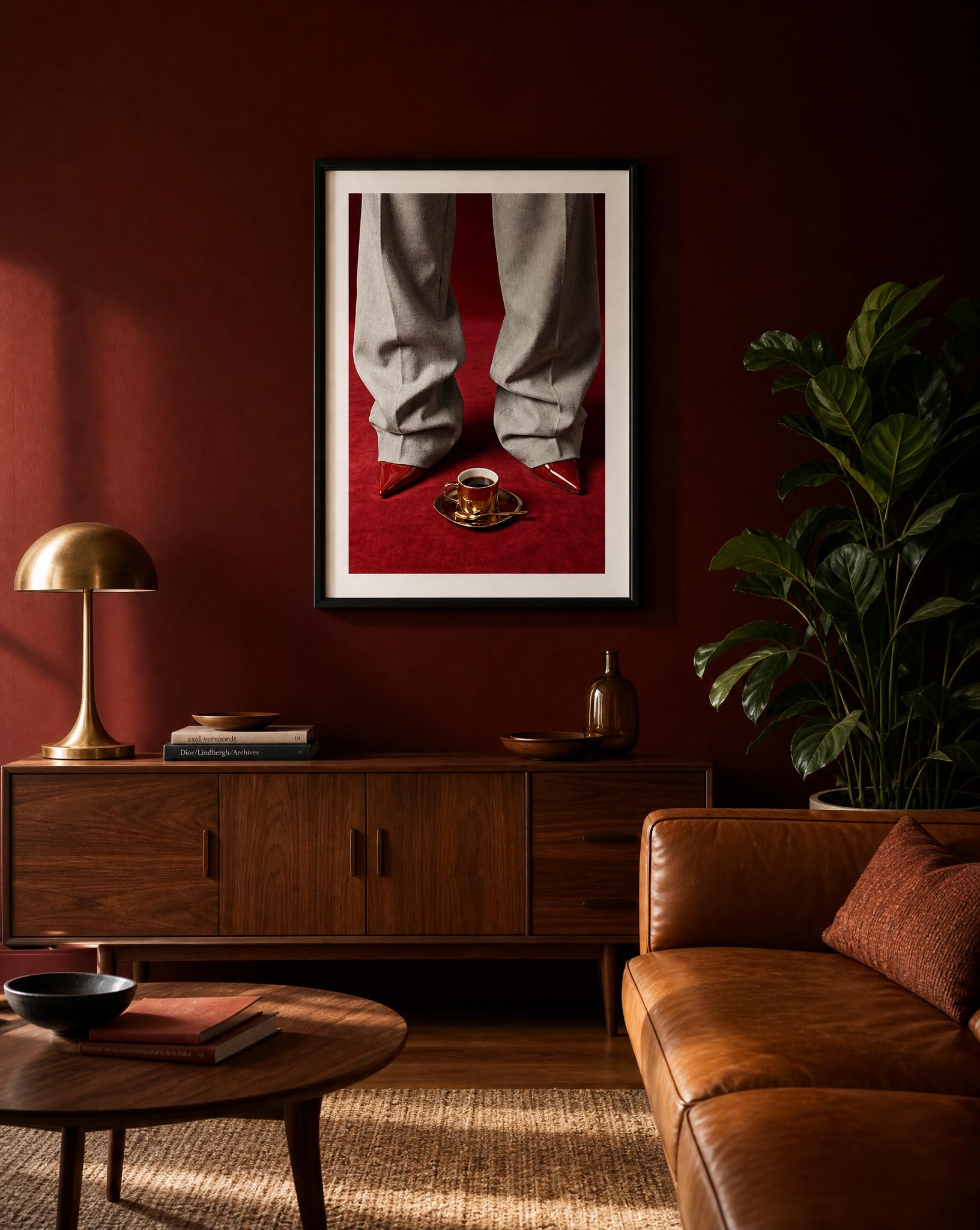 Fashion editorial wall art print showing grey wide-leg trousers, red pointed-toe stiletto heels and a gold espresso cup on a deep red velvet floor, in a black frame with white mat border.