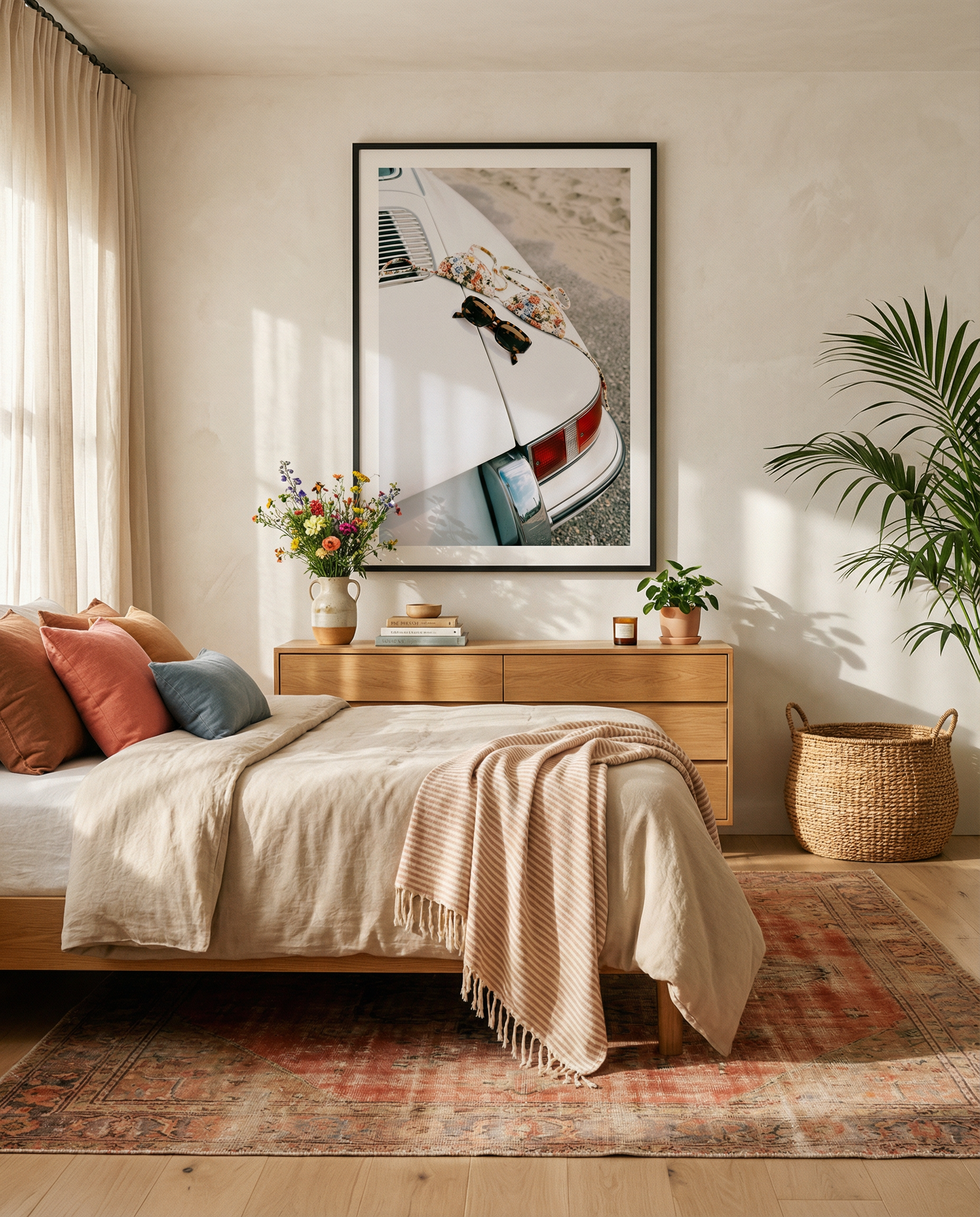 Framed wall art print showing a vintage white porsche near the beach with sunglasses and a patterned bikini placed on the back of the car.