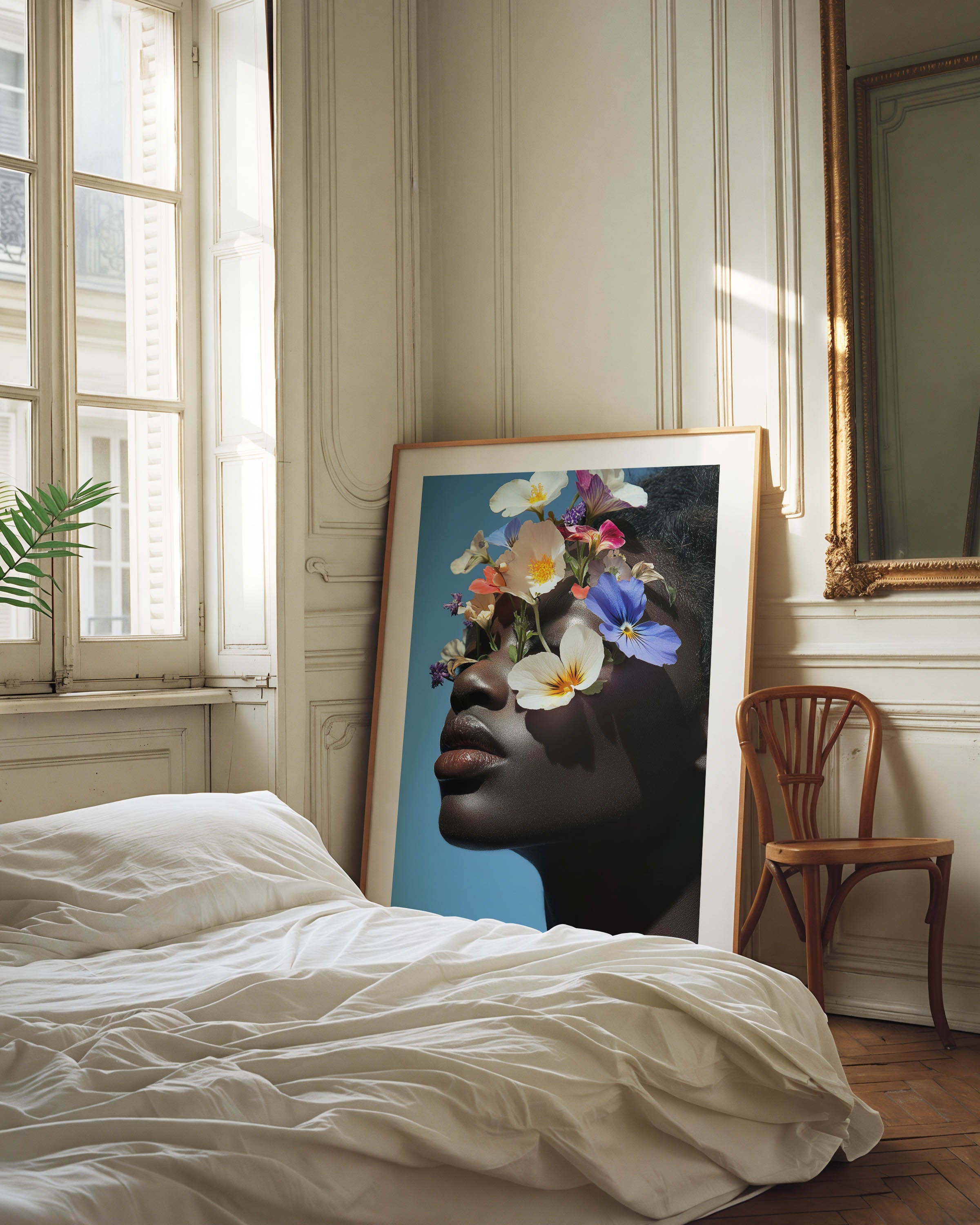 A fine art portrait of a Black woman with her face elegantly concealed by lush, blooming flowers. The artwork features soft, ethereal tones and intricate details, creating a sense of mystery and beauty. Perfect for modern and sophisticated home décor.