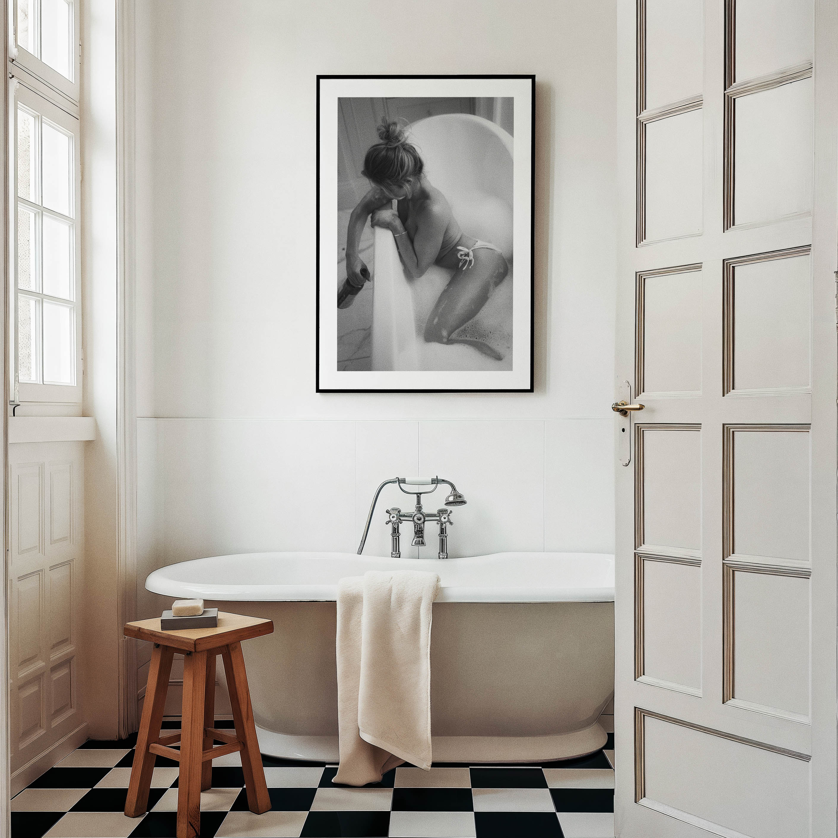 Fine art black-and-white print of a woman in a bathtub. Minimalist, sensual, and elegant — perfect wall art for modern interiors. Museum-quality print