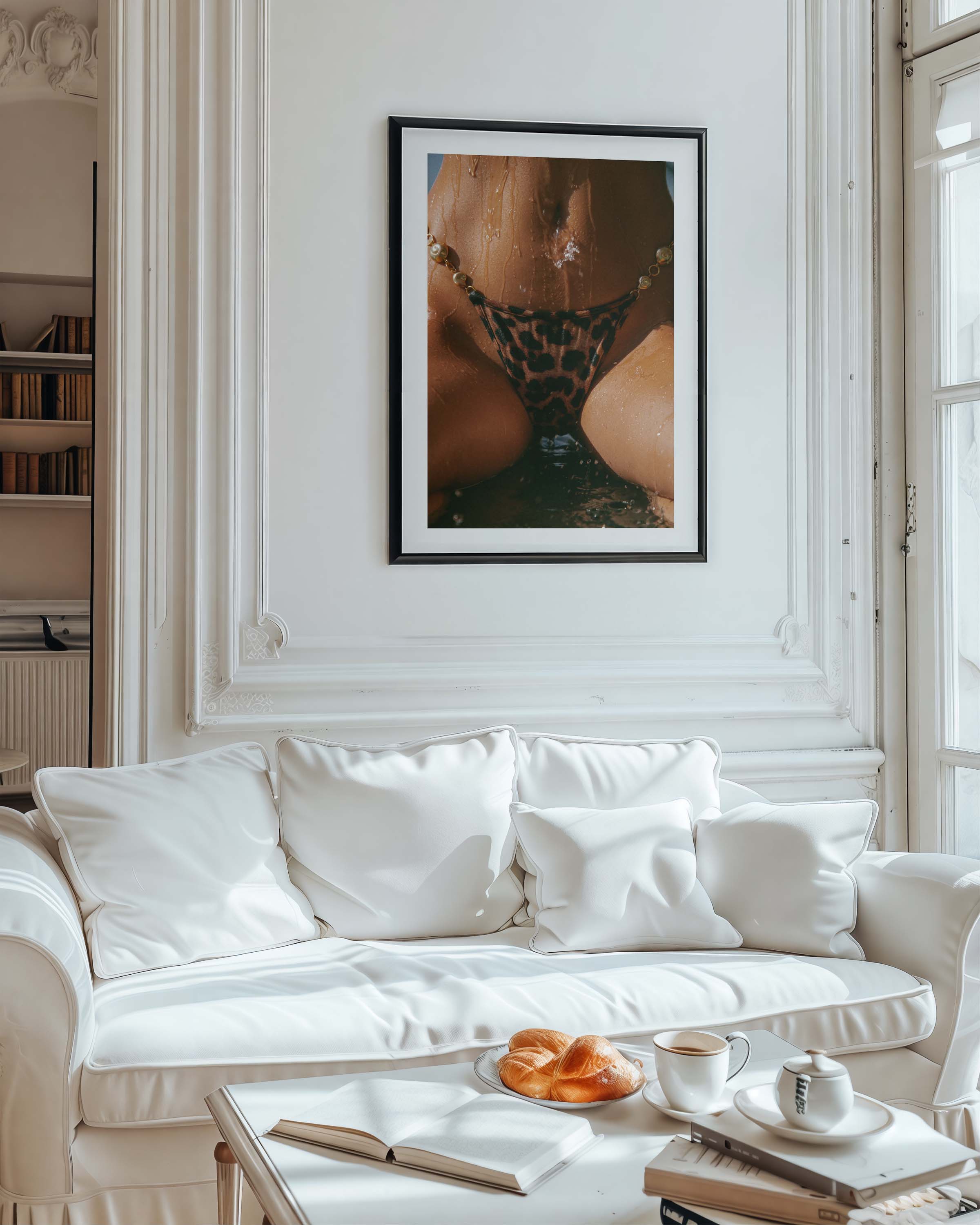 Fine-art photograph of a sunlit, water-dappled midsection in a bikini with gold chain details, evoking tropical island summer—by Britt Van der Meijden.