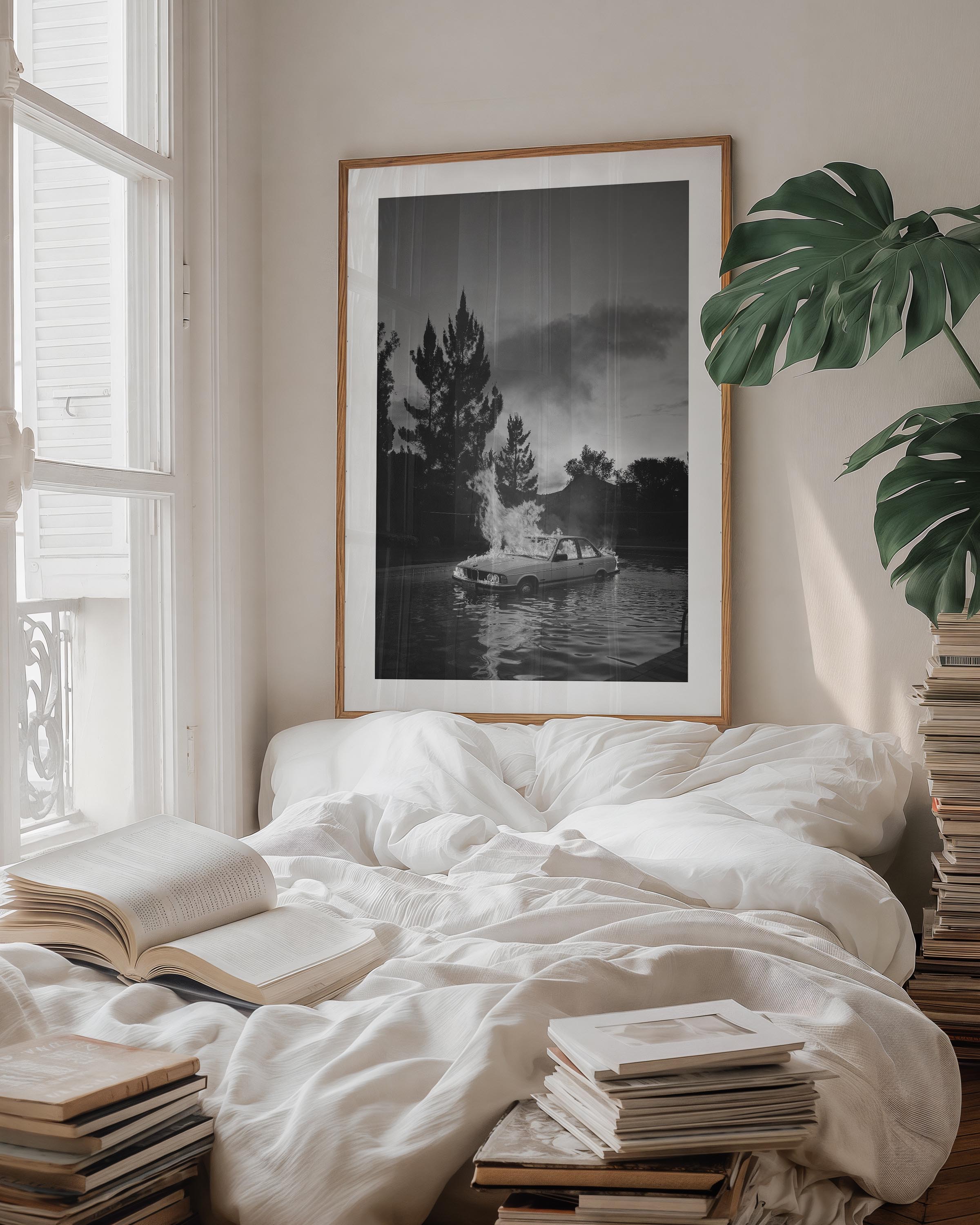 blak and white poster of a bwm car burning in a pool during an afterparty, wall decor, print, interior design