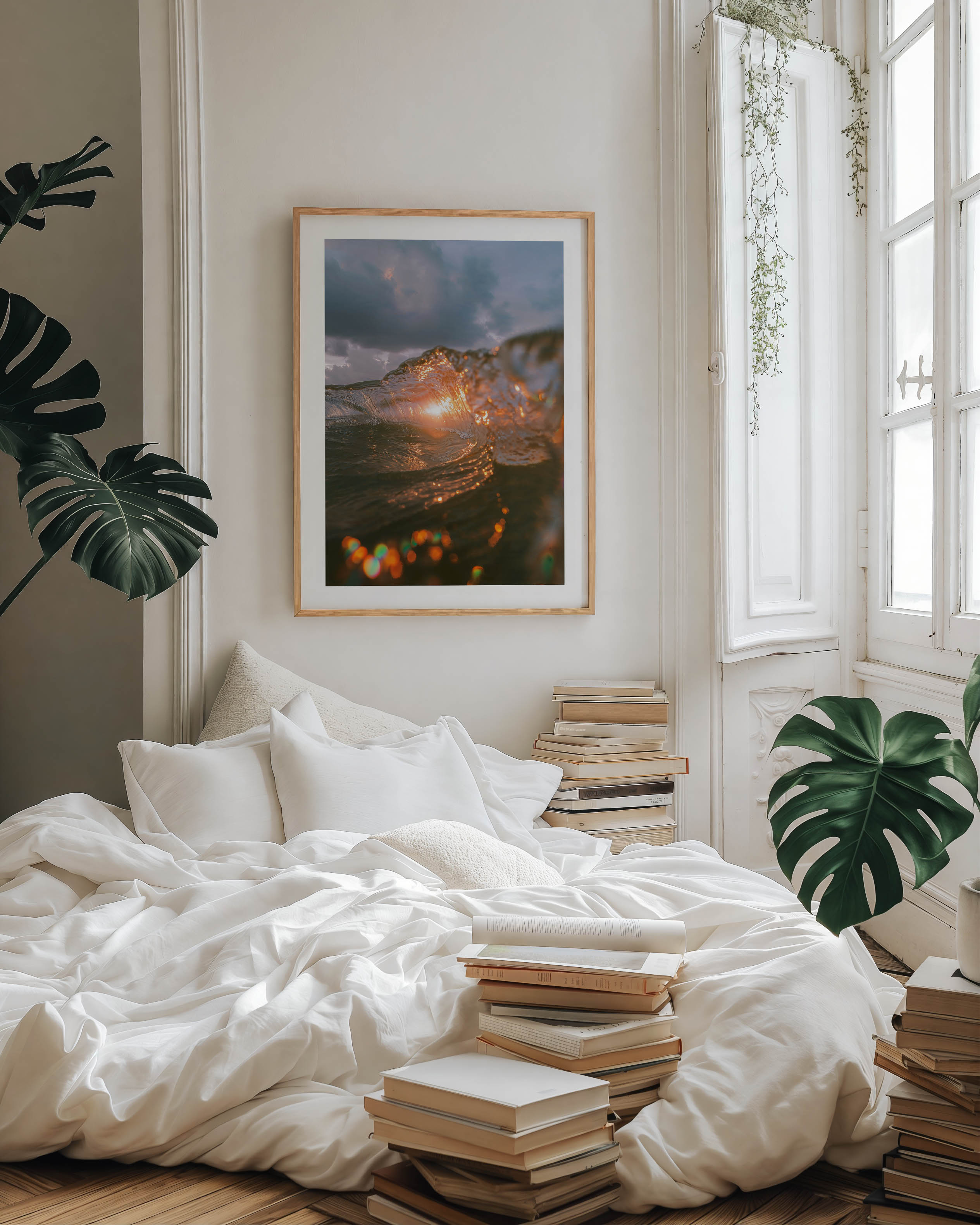 A fine art print of a wave crashing with the sun setting behind it, casting a golden glow on the water. The dynamic motion of the wave is beautifully captured, evoking a sense of energy and tranquility. Ideal for ocean and nature lovers.