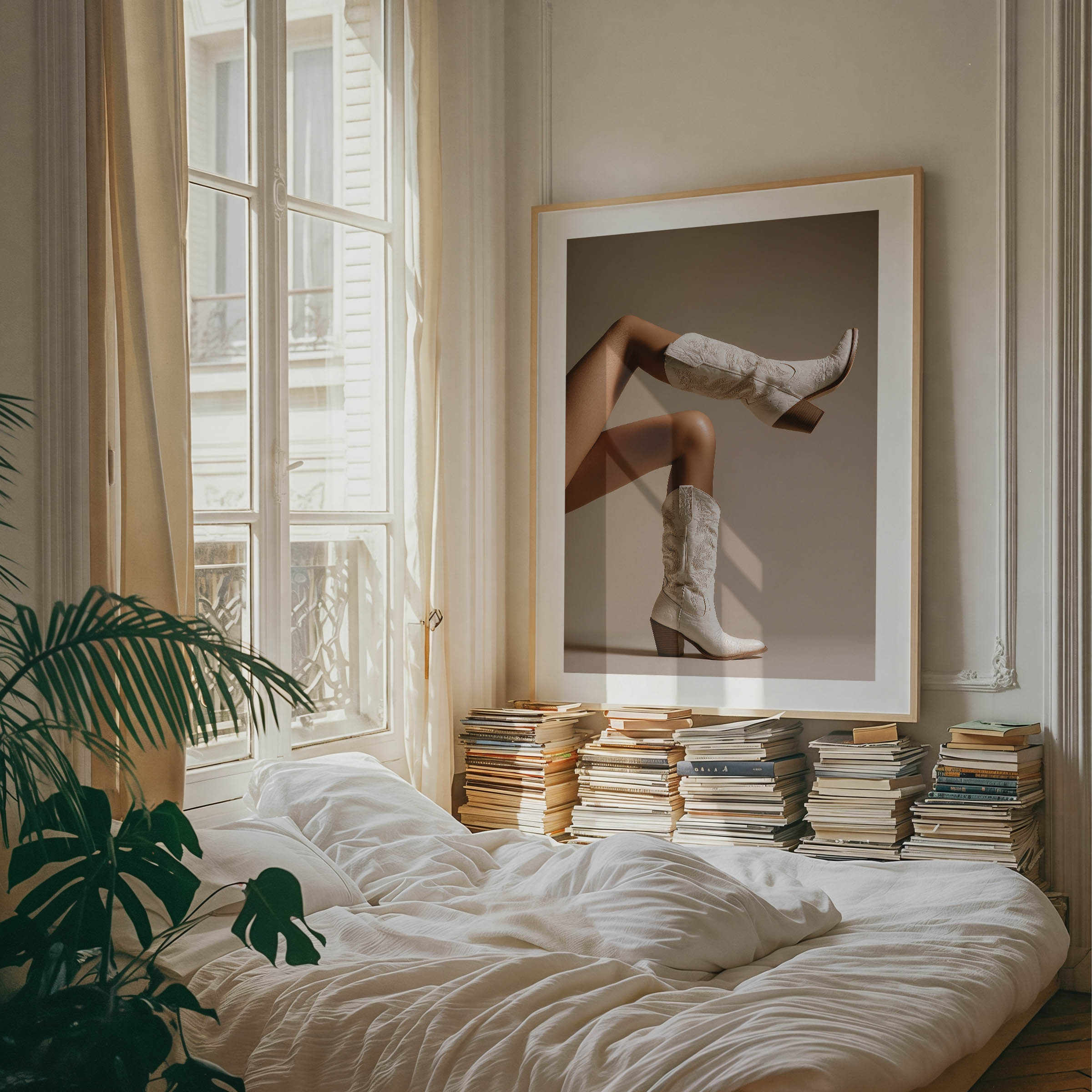 Add western-chic luxury to your walls with White Heat, a fine art print featuring ivory cowboy boots in a high-fashion composition.