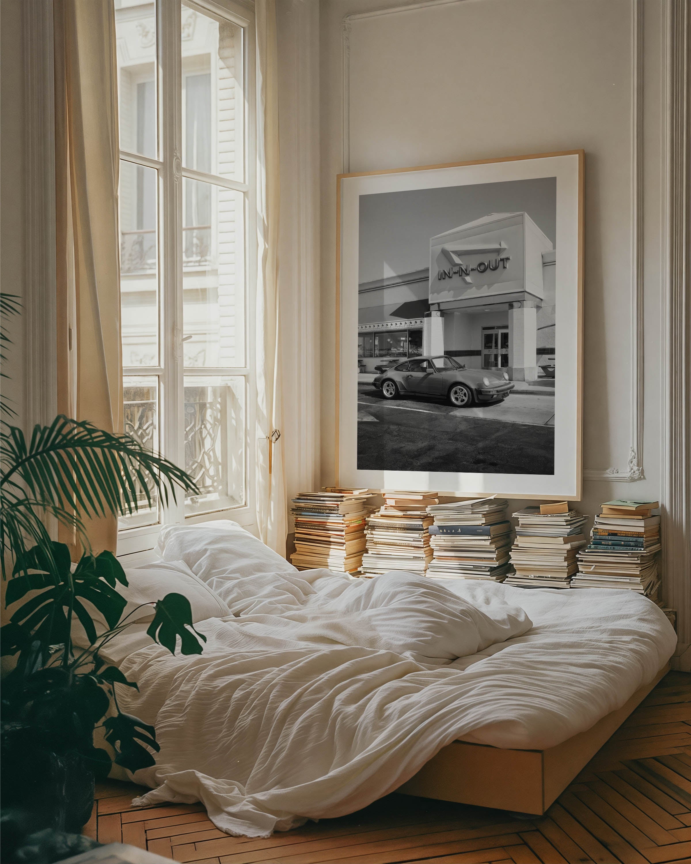 Black and white Porsche parked at In-N-Out – fine art wall print by Deston Isas.