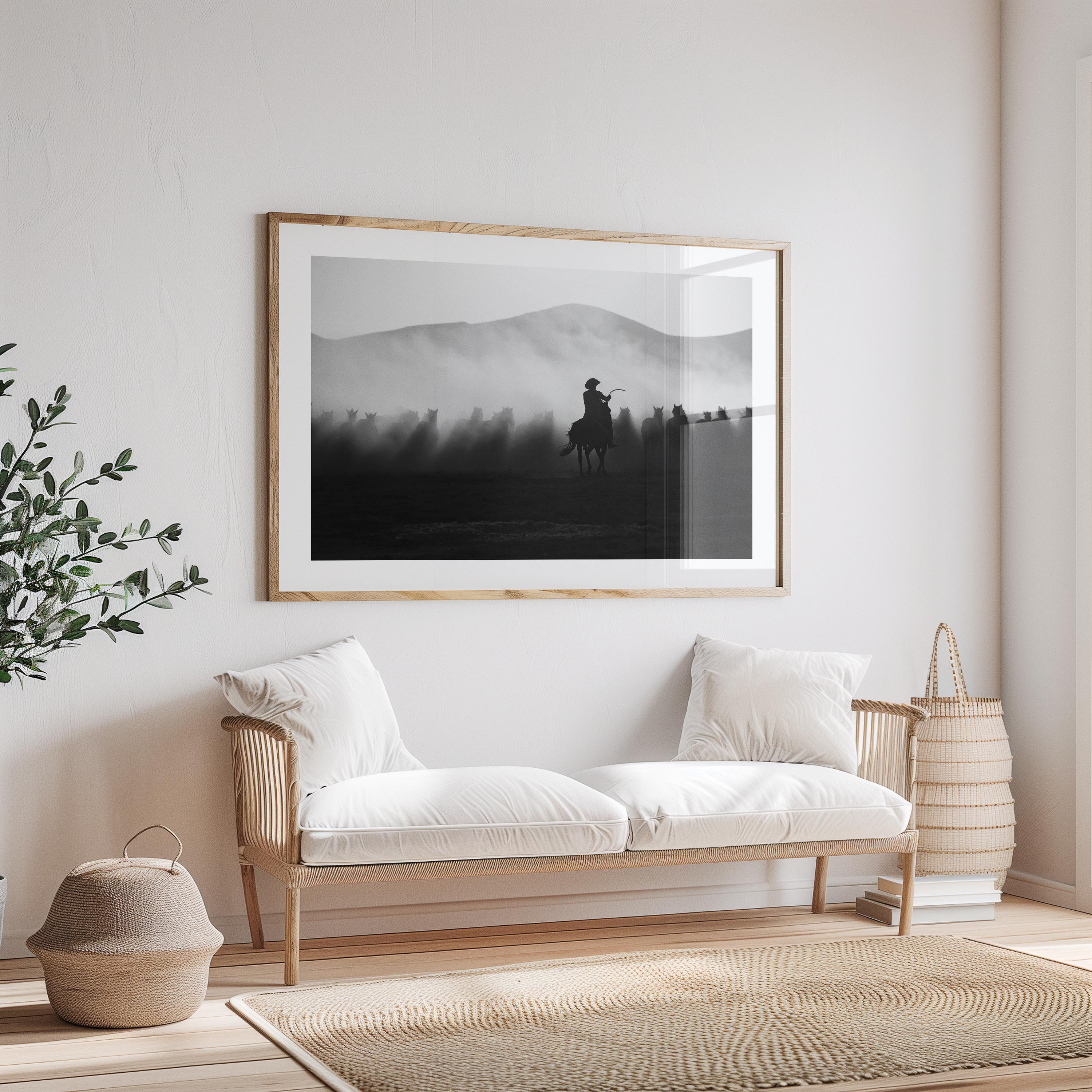 Striking black-and-white cowboy wall art capturing wild horses in motion. Add drama, depth, and Western spirit to your interior with this fine art print.