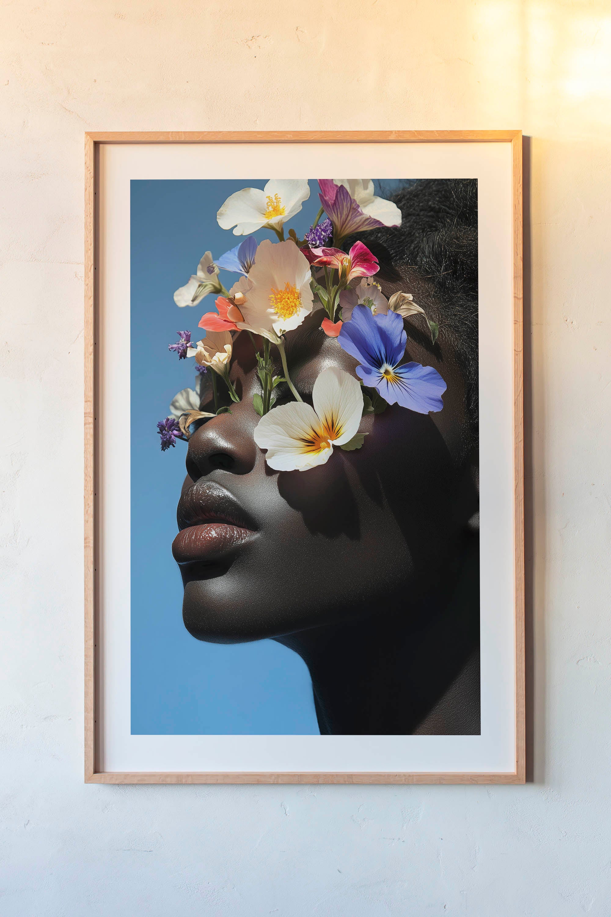 A fine art portrait of a Black woman with her face elegantly concealed by lush, blooming flowers. The artwork features soft, ethereal tones and intricate details, creating a sense of mystery and beauty. Perfect for modern and sophisticated home décor.