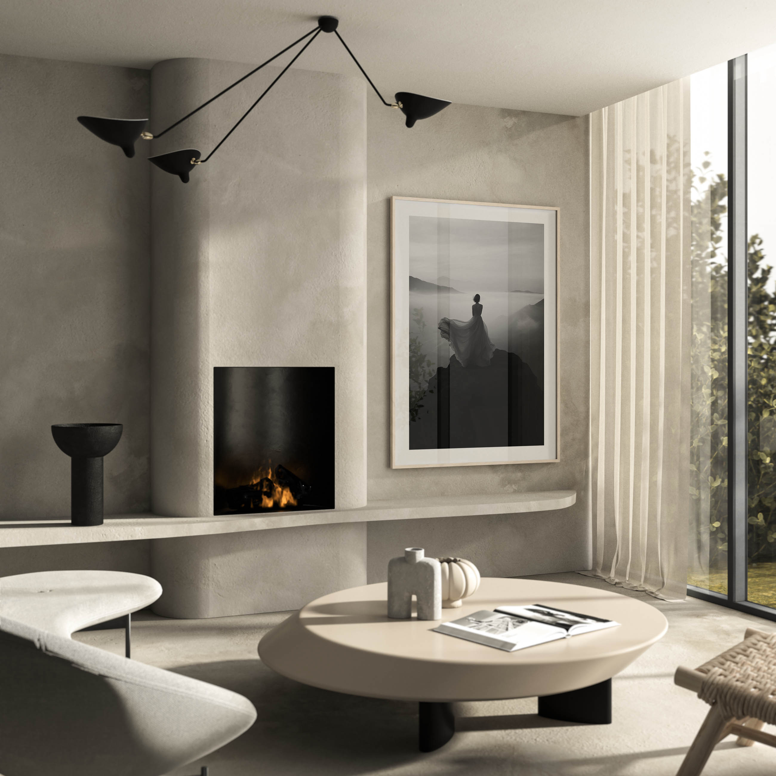 Black and white poster/print of a woman on top of a mountain. Fine Art wall art