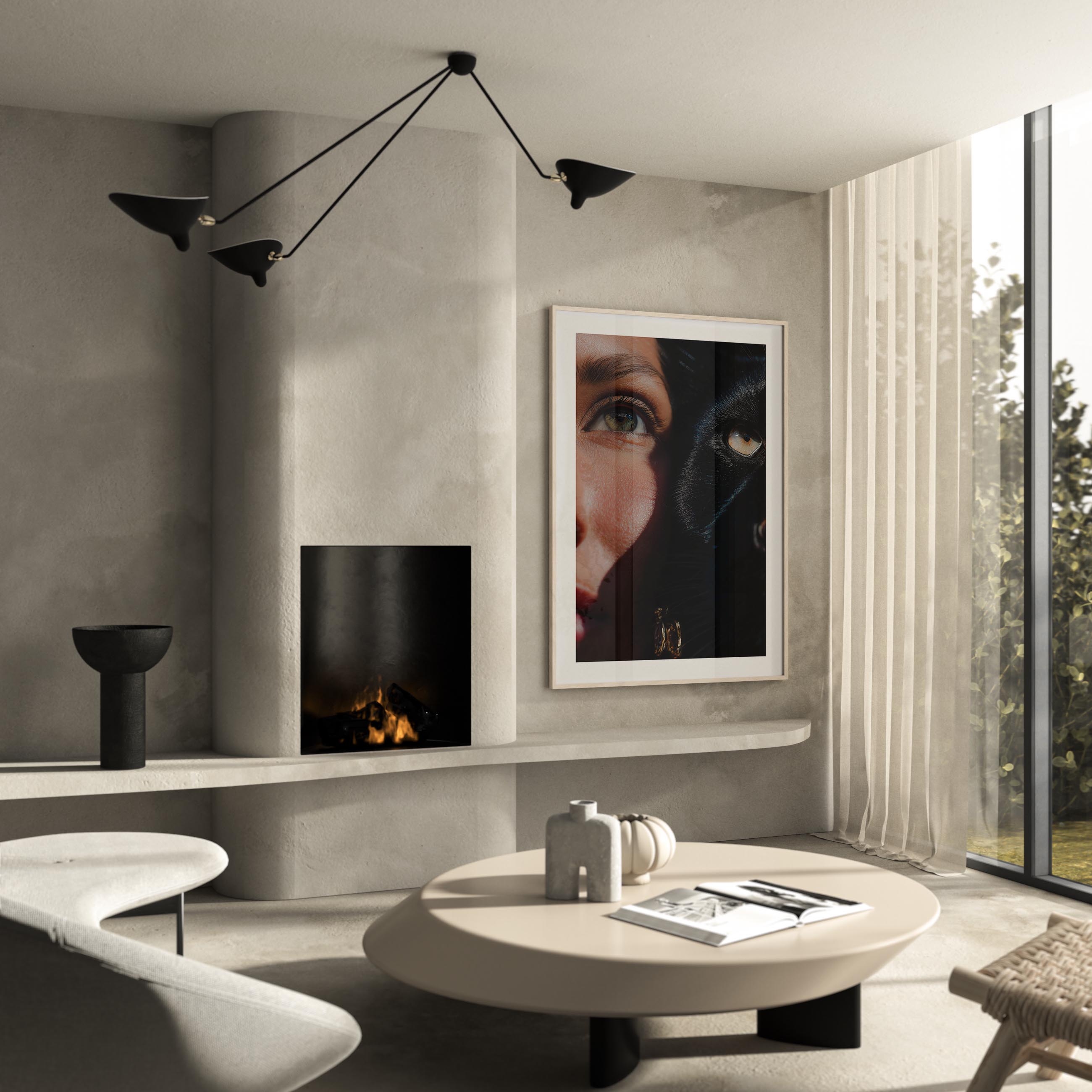 This fine art print features a powerful close-up of a woman and a black cat, their eyes aligned in perfect harmony. The rich shadows and sharp detail create a dramatic, gallery-worthy aesthetic that elevates any modern interior.