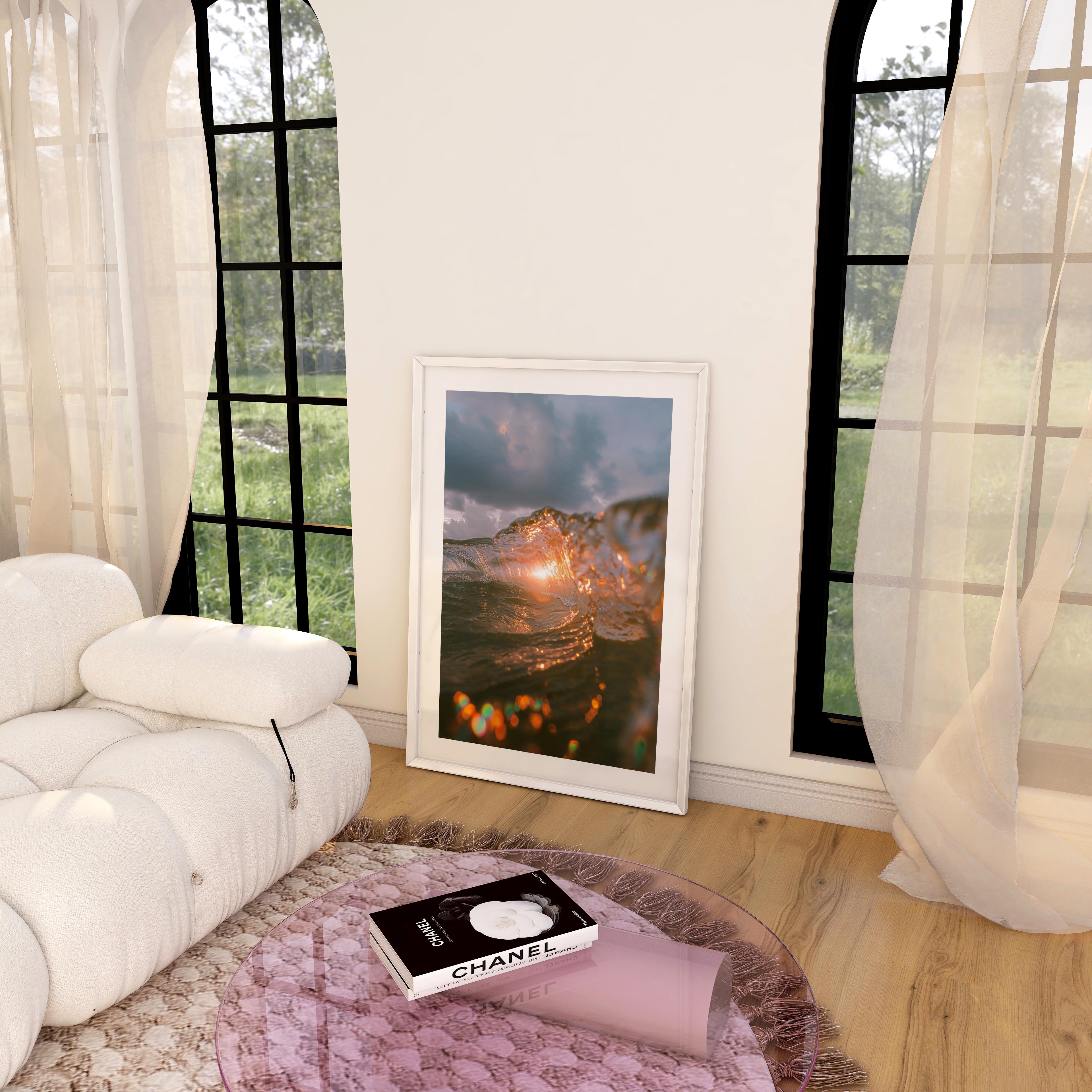 A fine art print of a wave crashing with the sun setting behind it, casting a golden glow on the water. The dynamic motion of the wave is beautifully captured, evoking a sense of energy and tranquility. Ideal for ocean and nature lovers.