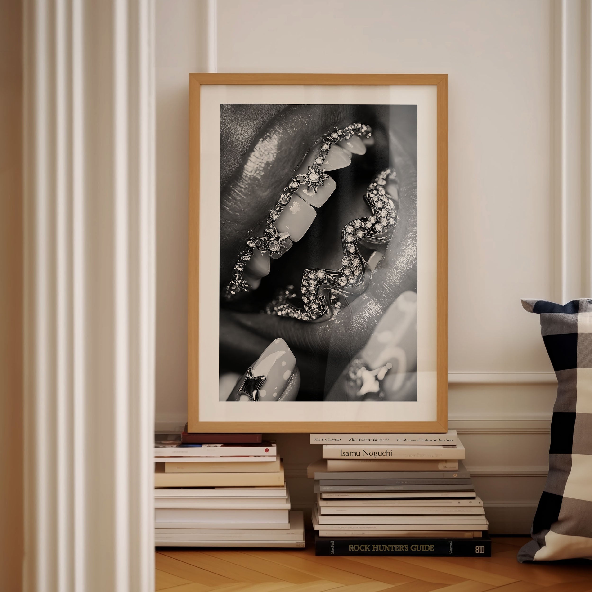 black woman with diamond teeth, black and white fine art print, wall decor, interior design, wall art.