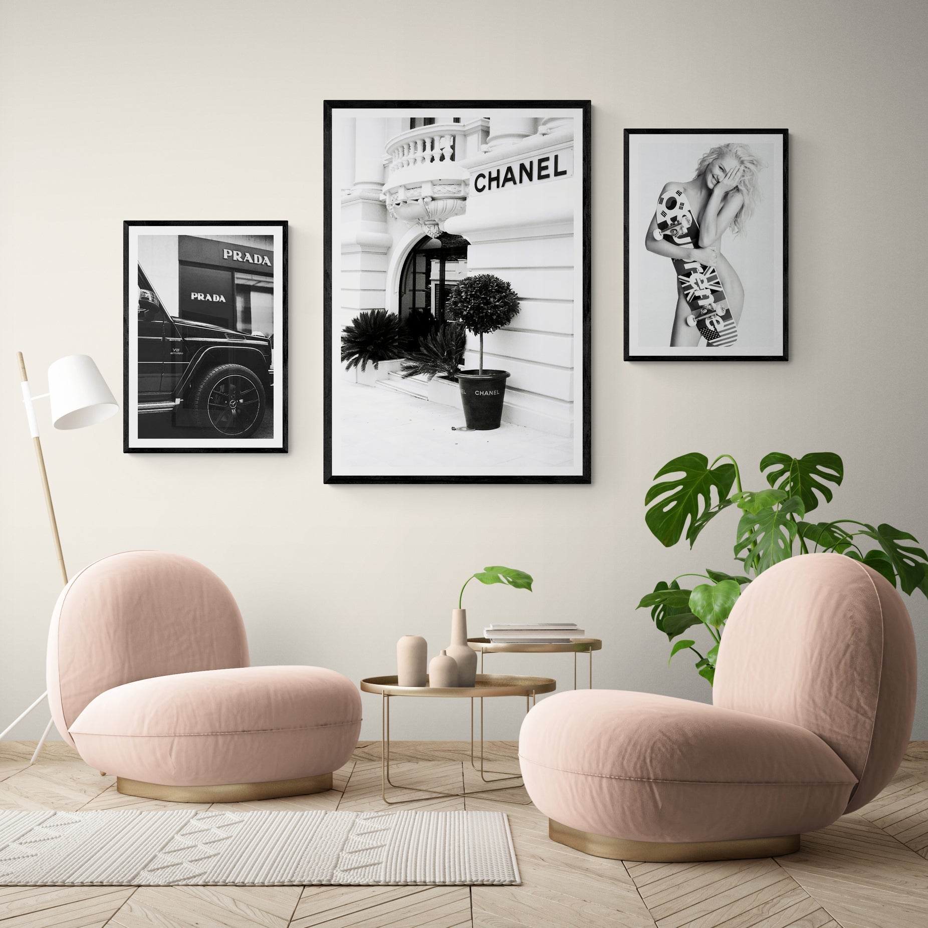 black and white print of the outside of a Chanel store