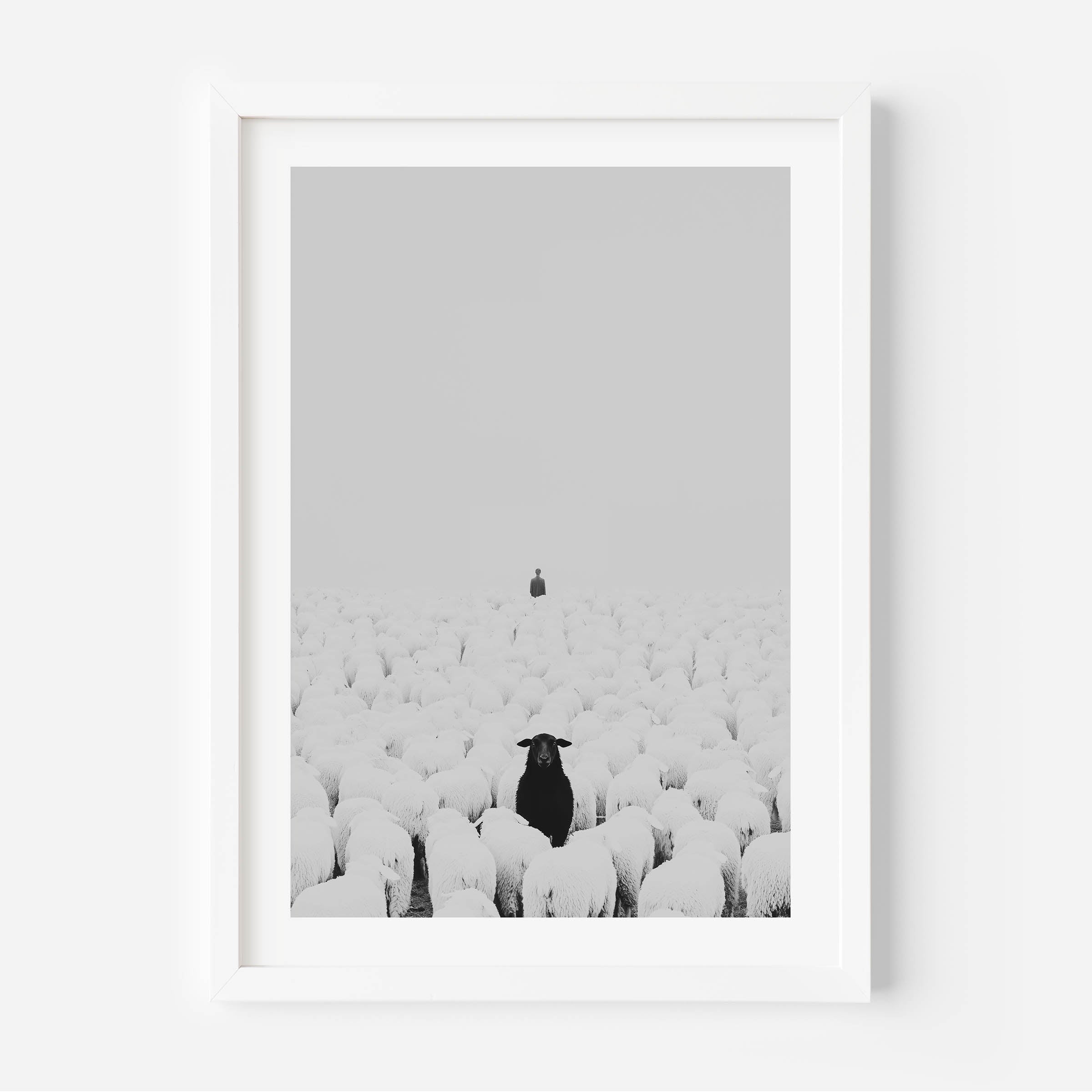 A motivational art print depicting a flock of sheep following a human, while one black sheep stands facing the opposite direction. Symbolizing individuality, courage, and breaking free from the crowd, this striking artwork serves as a reminder to think independently and stand out. Perfect for office or home décor.