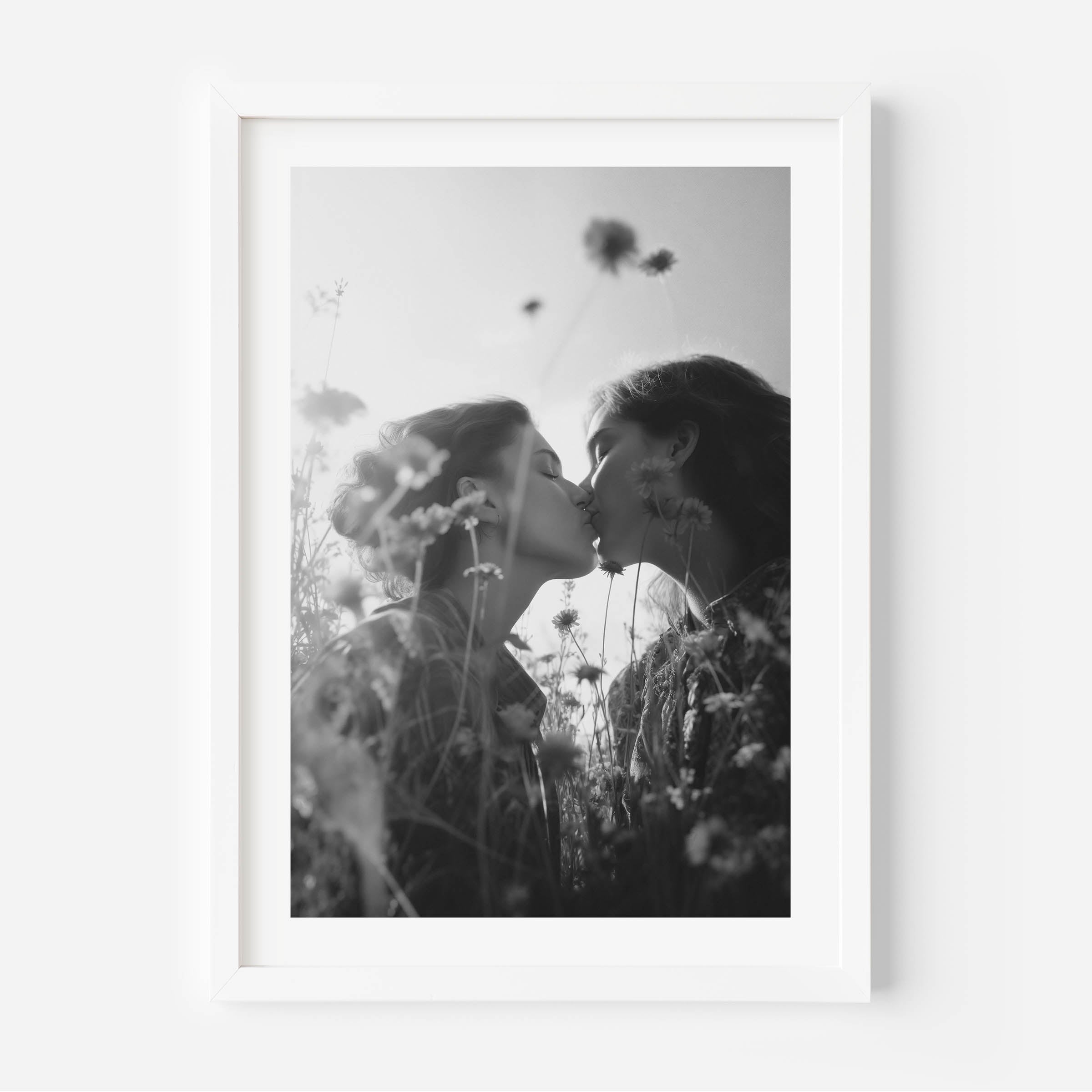 black and white poster of 2 woman kissing in a field of flowers, vintage, wall art, prints, wall decor, fine art