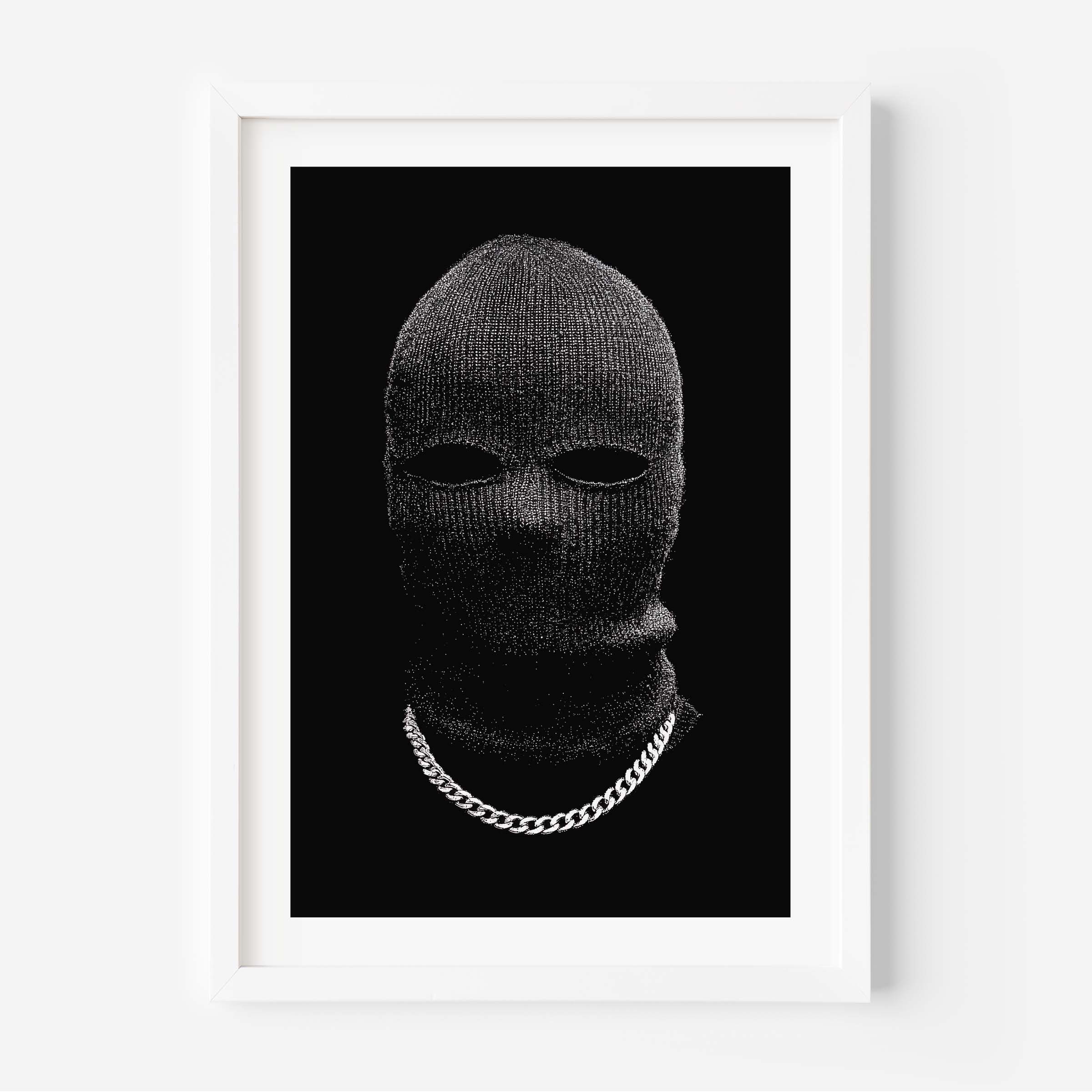 Black-and-white portrait of a person in a knit balaclava with eye cutouts and a silver chain on a solid black background, minimalist fine art print.