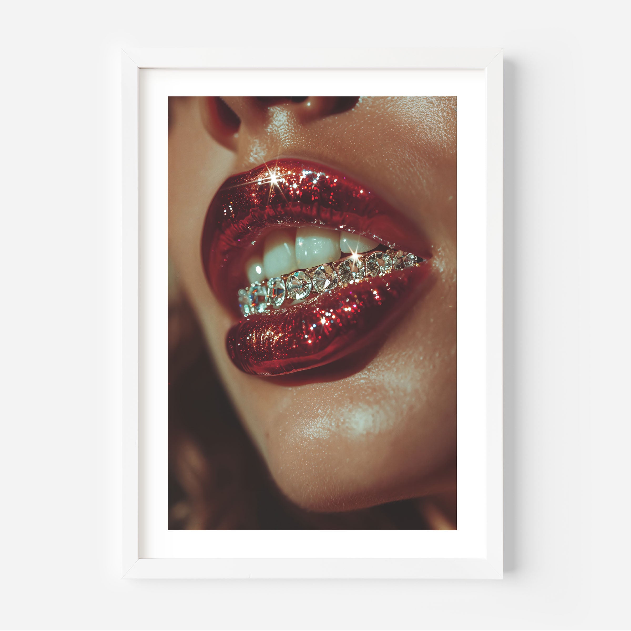 poster of a woman with diamond teeht, wall art, home decor, fine art prints