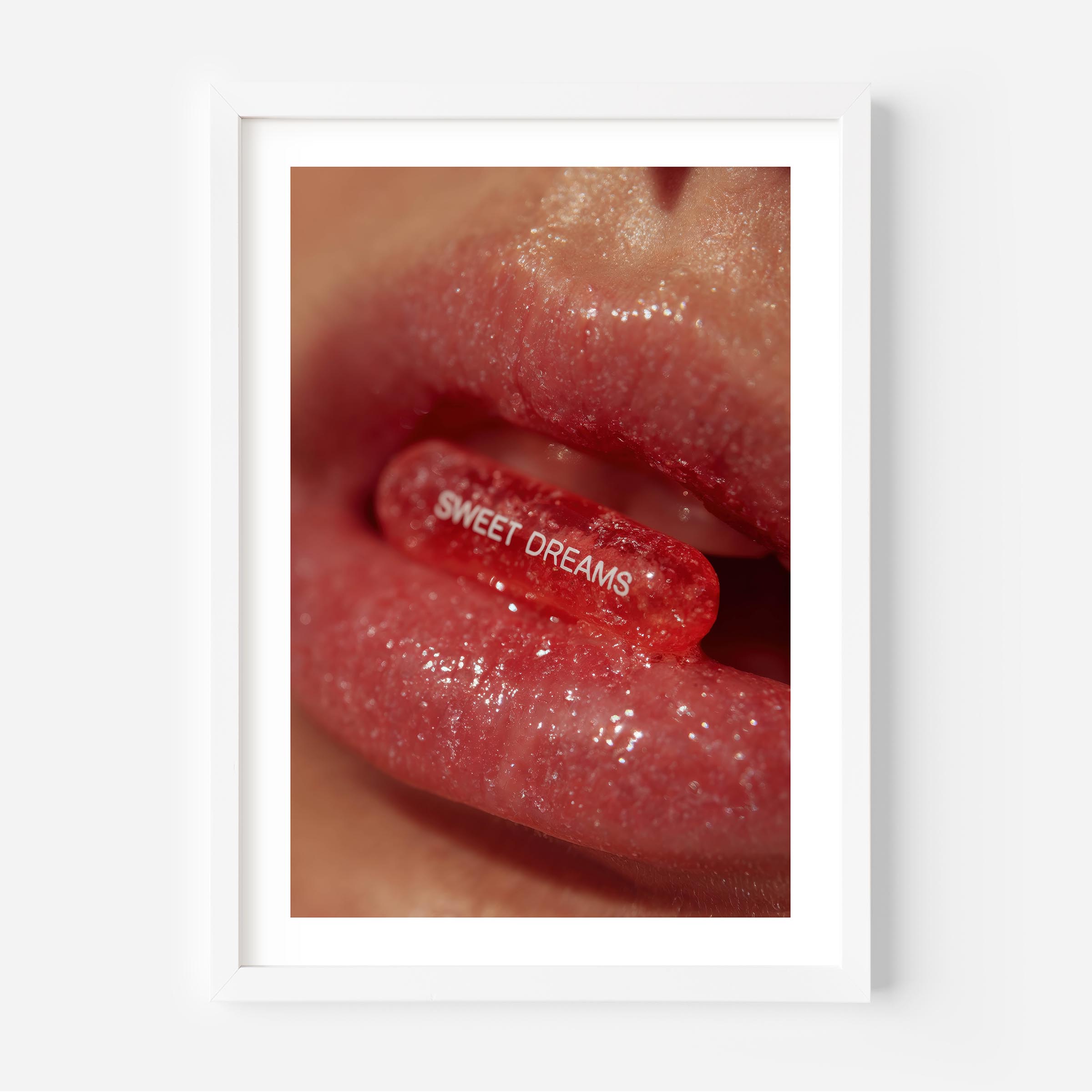 A visual seduction in one bold frame. Sweet Dreams blends sensuality and surrealism—glossed lips holding a candy-like capsule that whispers rebellion and desire. It’s provocative, modern, and impossible to ignore.
Perfect for interiors that flirt with fashion, attitude, and a touch of surreal drama.